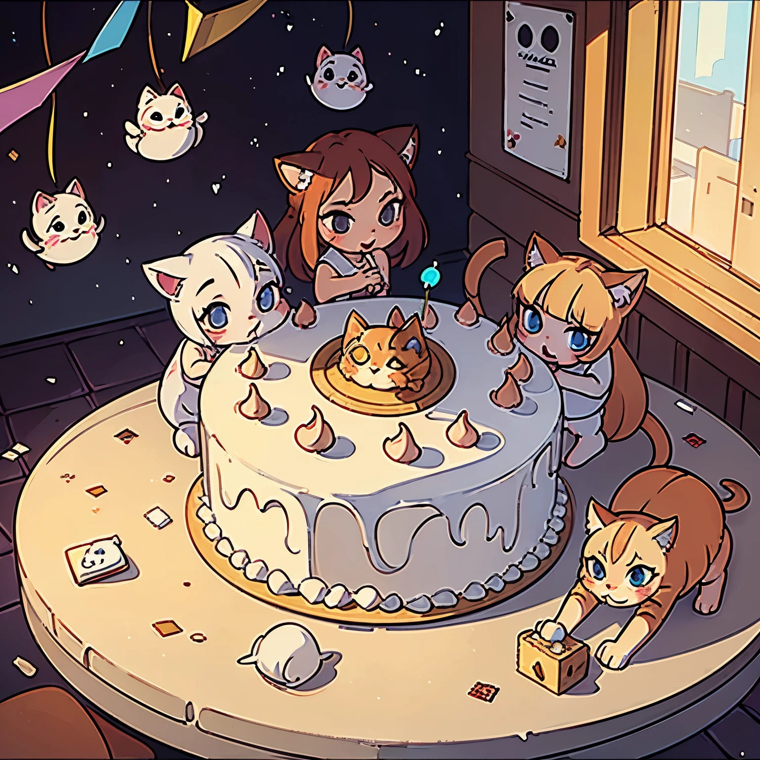 Cute cartoon, drawing, 4k, masterpiece, natural light, party scenario. six cute cats destroying a beatiful birthday cake.