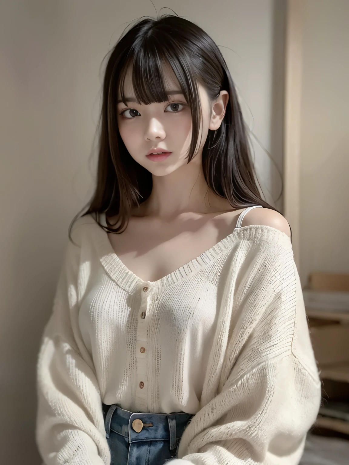 raw photo, 8k, (top-quality), Realistic, (real picture, Intricate details), (natural skin texture, detailed skin, hyper realism, sharpness), (Japanese teenage girl standing in an abandoned apartment building), ((Off-the-shoulder white hand-knitted long sweater)), (pale skin:1.2), ((long straight hair, blunt bangs)), (seductive face, provocative look, Parted lips:1.3), (((flat chest:1.5))), thigh, dusty room, cracked wall, Messy floor, Pile of rubble:1.3, spot lighting:1.3, Full body shot,