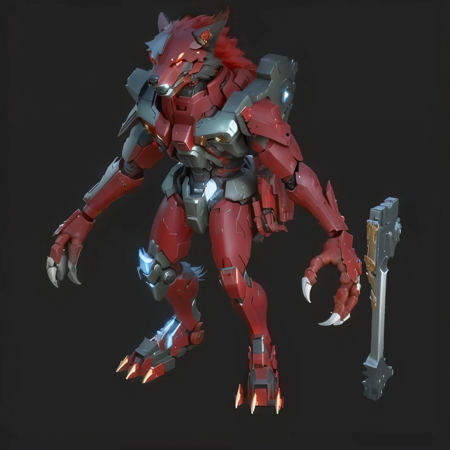 Close up of a red and black monster holding a sword, full body Red mecha, StarCraft 2 video game armor me, minotaur wolf, Redshift rendering, Good boy giant mecha wolf dog, Rendering in nvidia’s omniverse, Red mecha, character concept model, From StarCraft, Anthropomorphic wolf man