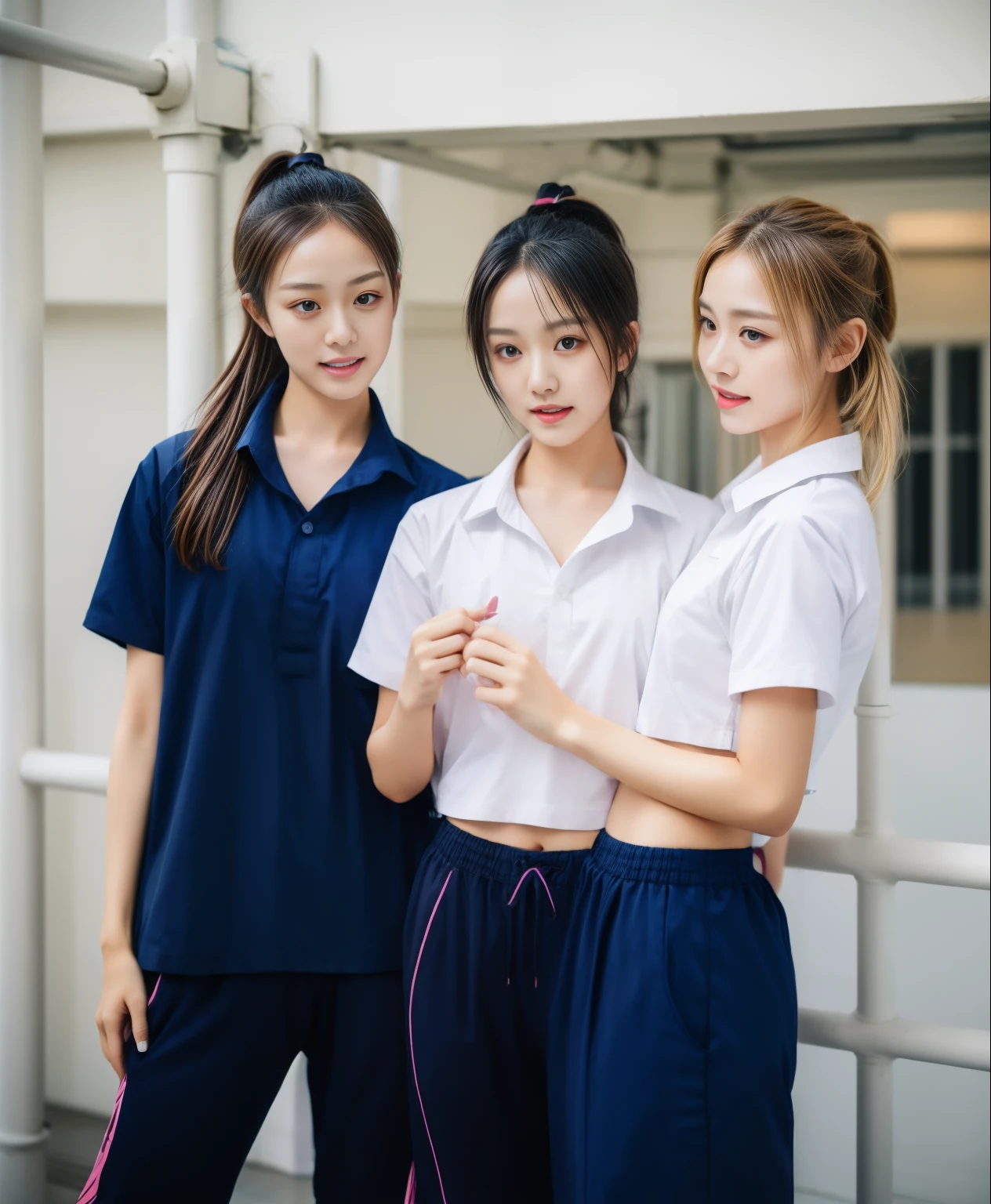 3 girls in fitness center, Blue short sleeve shirt,Sweatpantsขายาวสีกรมท่า,Sweatpants, Sweatpantsขายาว,25 year old girl, lesbian, sexy, exercise clothes, wet body, exercise clothes