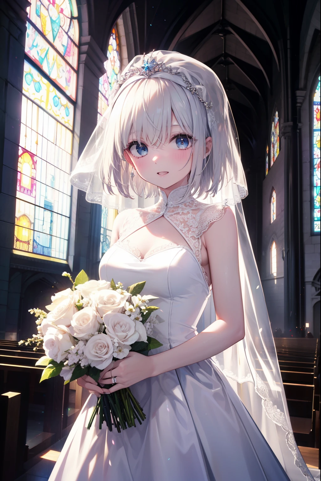 yotsubanakano, yotsuba nakano, bangs, short hair, blue eyes, hair between eyes, green headband,blush,big smile, happy atmosphere,open your mouth,Wedding dress,veil wedding skirt,bouquet,bouquetトス,holding a large bouquet of flowers in both hands, break indoors, church,chapel, break (masterpiece:1.2), highest quality, High resolution, unity 8k wallpaper, (figure:0.8), (detailed and beautiful eyes:1.6), highly detailed face, perfect lighting, Very detailed CG, (perfect hands, perfect anatomy),