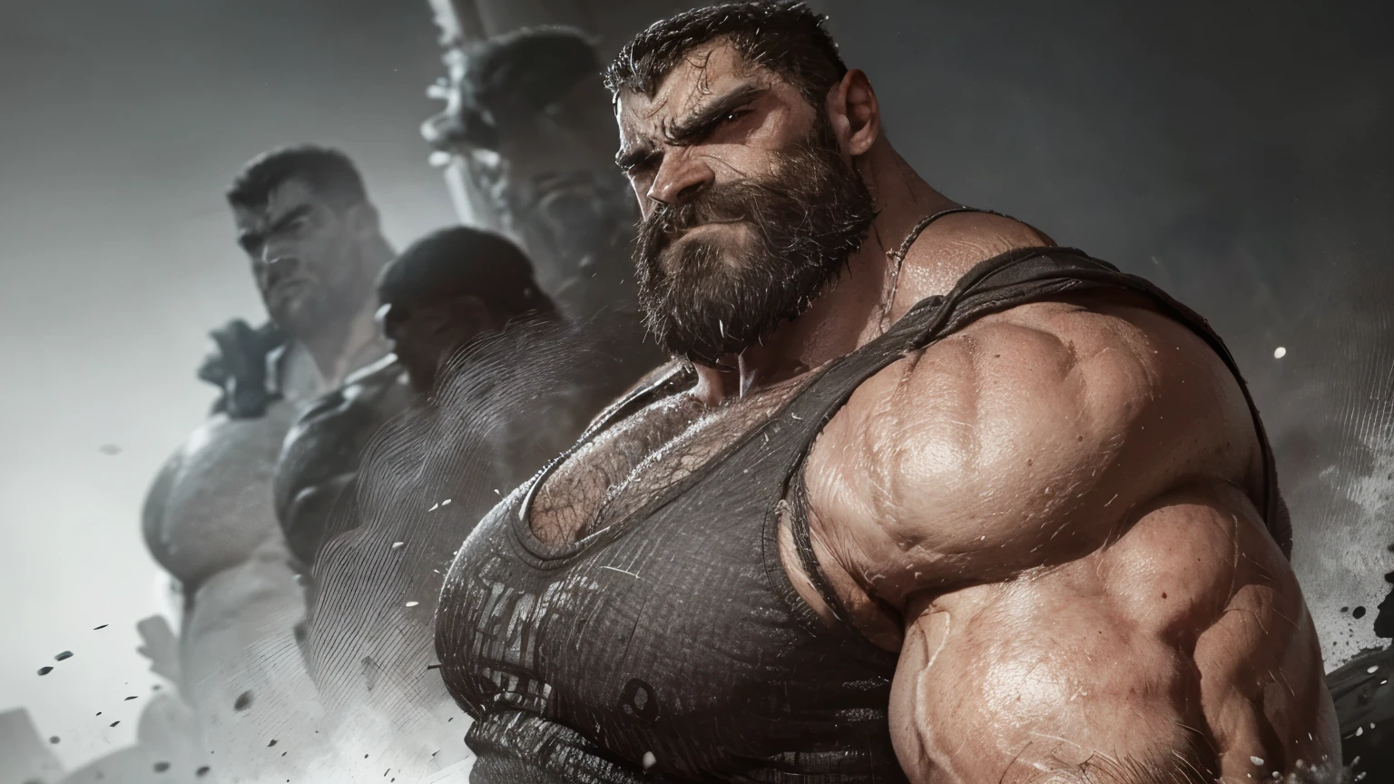 (best quality,ultra-detailed,realistic:1.37),(increased in size:1.1)giant muscular man, (enlarged muscular:1.1)massive chest, (bearded:1.1)bearded, (sexy:1.1)handsome, (alpha male:1.1)dominant male, (furious:1.1)full of rage, (menacing:1.1)threatening demeanor, (intense:1.1)intense gaze, (powerful:1.1)powerful presence, (ominous:1.1)ominous atmosphere, (ominous lighting:1.1)ominous lighting, (dark:1.1)dark mood, (dramatic:1.1)dramatic setting, (sinister:1.1)sinister energy, (muscular arms and shoulders:1.1)well-defined arms and shoulders, (aggressive:1.1)aggressive stance, (dynamic:1.1)dynamic pose, (towering:1.1)towering figure, (tense muscles:1.1)tense muscles, (fiery eyes:1.1)fiery eyes, (brooding expression:1.1)brooding expression, (ominous fog:1.1)ominous fog, (stormy sky:1.1)stormy sky, (grayscale:1.1)grayscale color palette, (high contrast:1.1)high contrast, (strong highlights:1.1)strong highlights, (shadowy:1.1)shadowy details, (emphasized textures:1.1)emphasis on textures, (epic:1.1)epic proportions, (monumental:1.1)monumental appearance, (majestic:1.1)majestic presence, (monstrous:1.1)monstrous size, (dominant:1.1)dominant figure, (mysterious:1.1)mysterious aura, (ferocious:1.1)ferocious display, (intimidating:1.1)intimidating presence, (imposing:1.1)imposing stature, (powerfully built:1.1)powerfully built physique, (stern:1.1)stern expression, (imposing jawline:1.1)imposing jawline, (extraordinary physique:1.1)extraordinary physique.