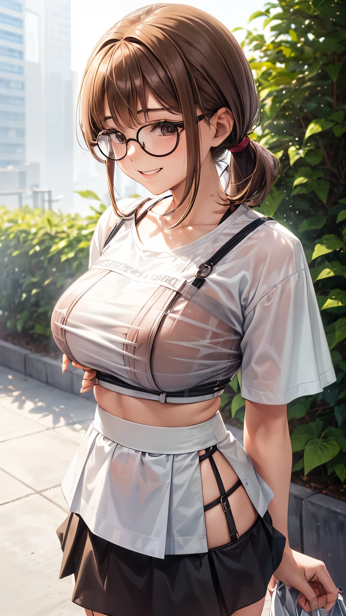 1 female,12 years old,brown hair,beautiful low ponytail hairstyle, (Miniskirt and large white T-shirt, (double breasted,under bust:1.2), short sleeve, natural smile,,frameless eyeglasses,(slouch)