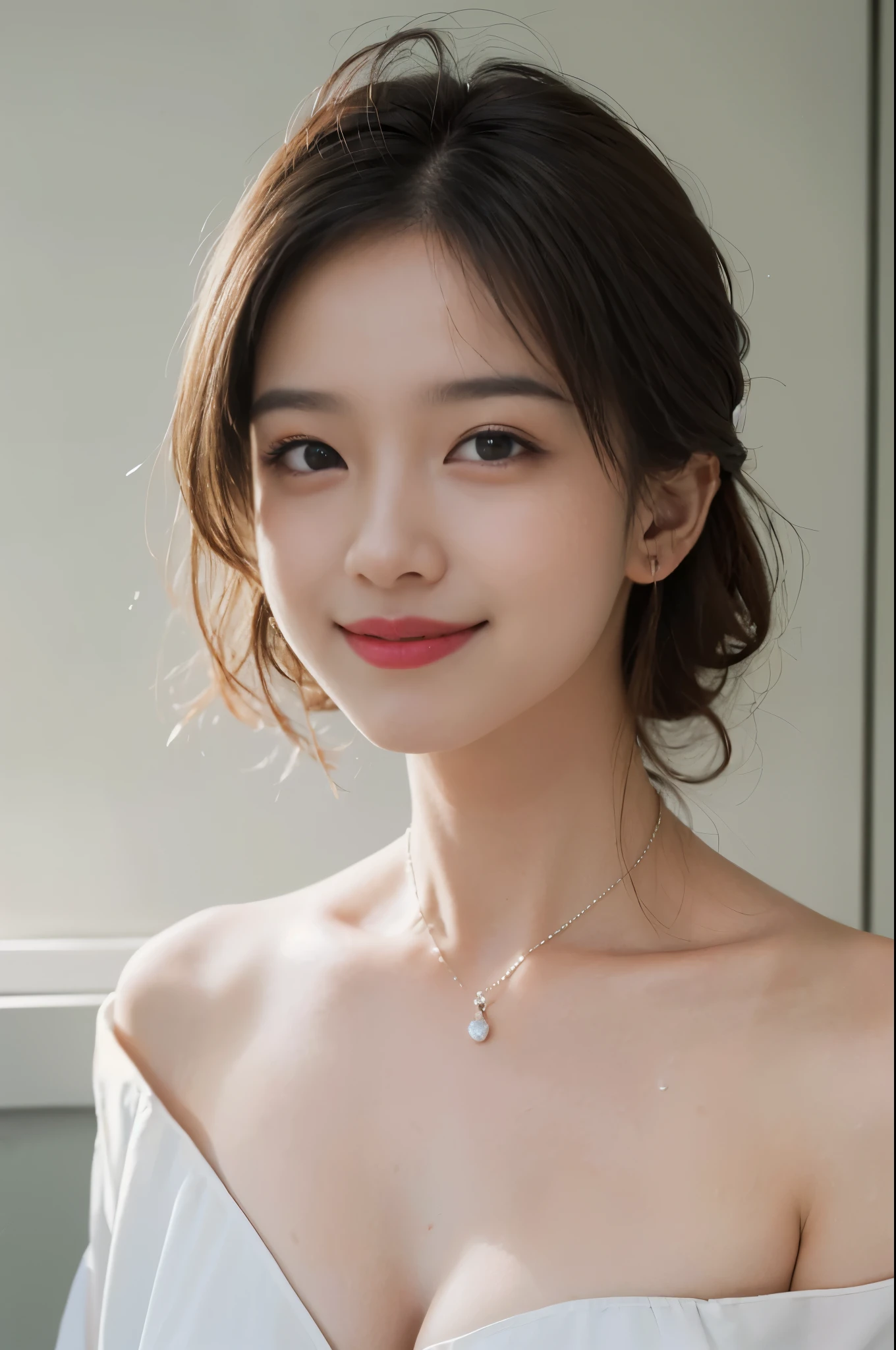highest quality, masterpiece, 超High resolution, (realistic:1.5), RAW photo, 1 girl, off shoulder(highest quality、8k、32K、masterpiece、Hmm:1.2)、cute日本人女性の写真、long hair、whole body、surface focus、necklace、simple background、looking at the viewer、(looking at the camera:1.4)、mix 4、(8k、Raw photo、highest quality、masterpiece:1.2)、(realistic、Photoreal:1.37)、1 girl、cute、indoor、Wet、professional lighting、photon mapping、radio city、Physically based rendering、gradient brunette hair、short curly hair、Handsome、Girly、white ball set、excellent image quality、High resolution、1080p、(clean face)、(Detailed facial description)、(detailed description of hands)、(Masseter muscle part)、(Detailed CG)、 extreme light and shadow、masterpiece、rich details、(exquisite features)、(best image quality)、(masterpiece)、(detailed eye)、looking forward to your eyes、delicate clavicle、(huge tit:1.2)、(smile:1.4)、white teeth、