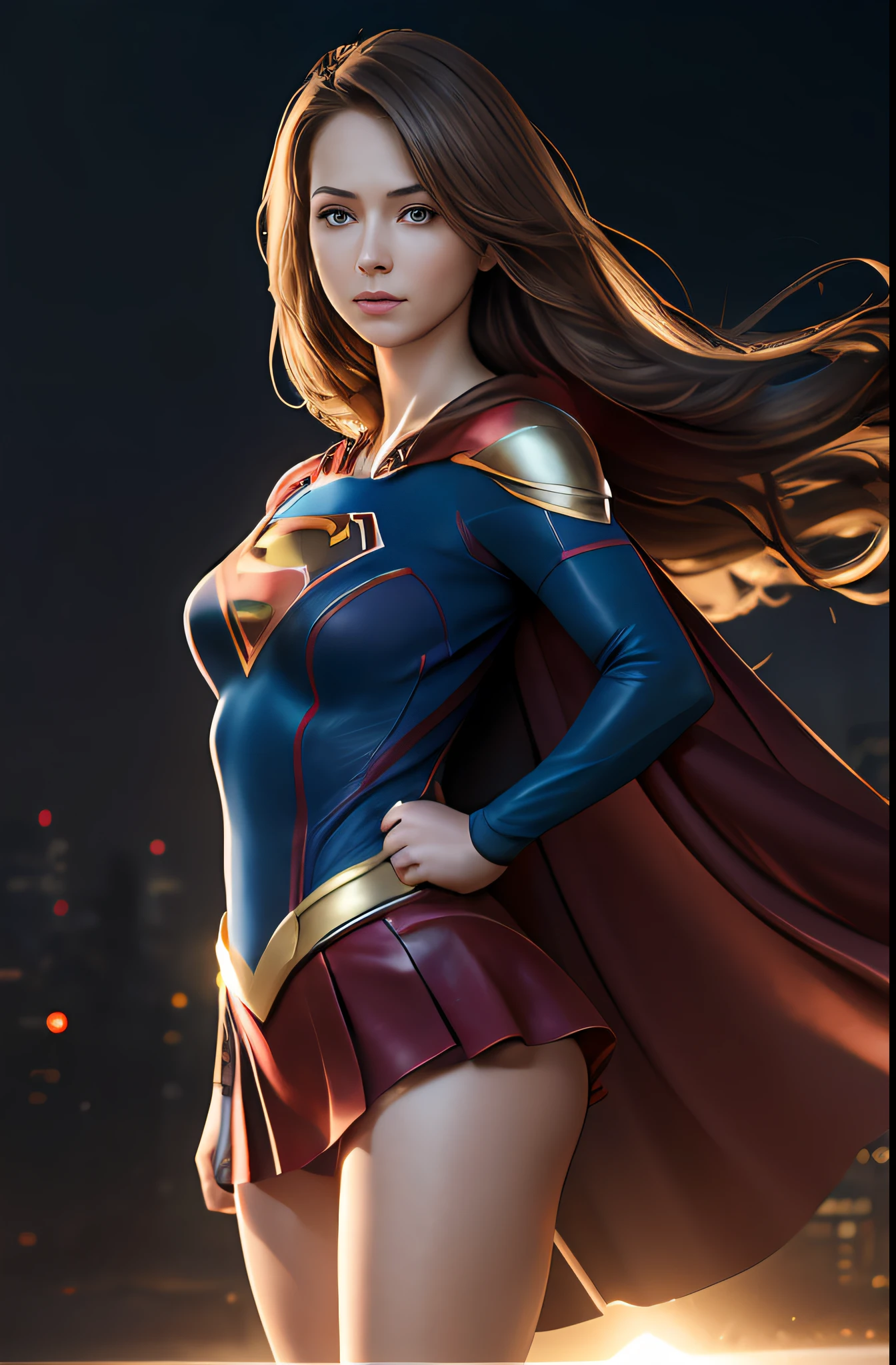 supergirl, (photo realistic:1.4), (hyper realistic:1.4), (realistic:1.3), (smoother lighting:1.05), (increase cinematic lighting quality:0.9), 32K, 1girl,20yo girl, realistic lighting, backlighting, light on face, ray trace, (brightening light:1.2), (Increase quality:1.4), (best quality real texture skin:1.4), finely detailed eyes, finely detailed face, finely quality eyes, (tired and sleepy and satisfied:0.0), (Increase body line mood:1.1), (Increase skin texture beauty:1.1, full body image --auto
