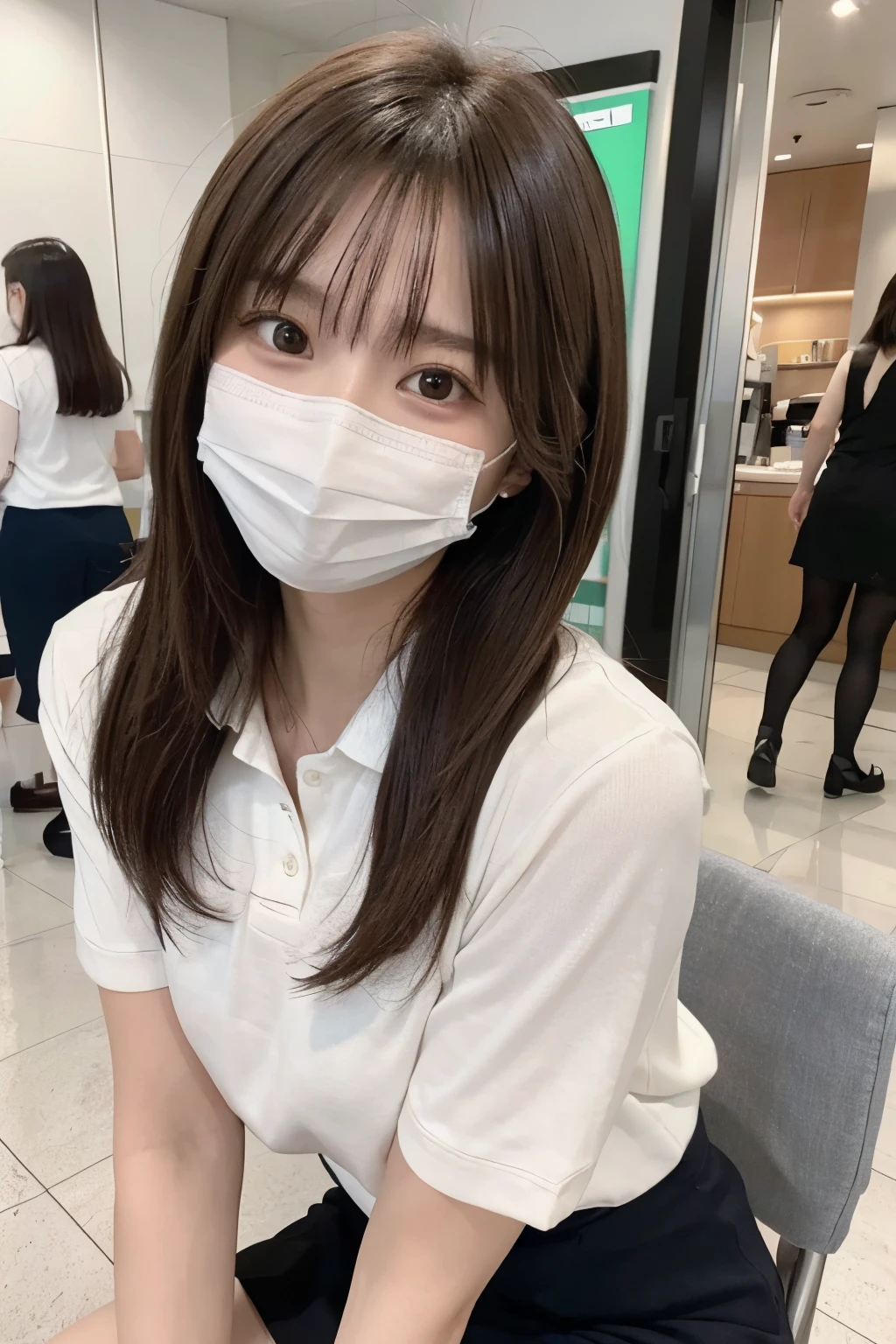 (8k, RAW photo, best quality, masterpiece:1.2), (realistic, photo-realistic:1.4), (extremely detailed 8k wallpaper),
professional lighting,
sharp focus, depth of field, blur background, bokeh,
full body, portrait,
Japanese high school girl, slender,
Crossed leg, sitting on the chair,
Shopping street,
Morning,
wave hair, brown hair,
polo shirt ,mini skirt,
mouth mask,
Joyful,