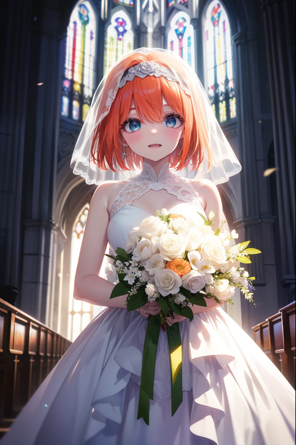 yotsubanakano, yotsuba nakano, bangs, short hair, red orange hair blue eyes, hair between eyes, green headband,blush,big smile, happy atmosphere,open your mouth,Wedding dress,veil wedding skirt,bouquet,bouquetトス,holding a large bouquet of flowers in both hands, break indoors, church,chapel, break (masterpiece:1.2), highest quality, High resolution, unity 8k wallpaper, (figure:0.8), (detailed and beautiful eyes:1.6), highly detailed face, perfect lighting, Very detailed CG, (perfect hands, perfect anatomy),