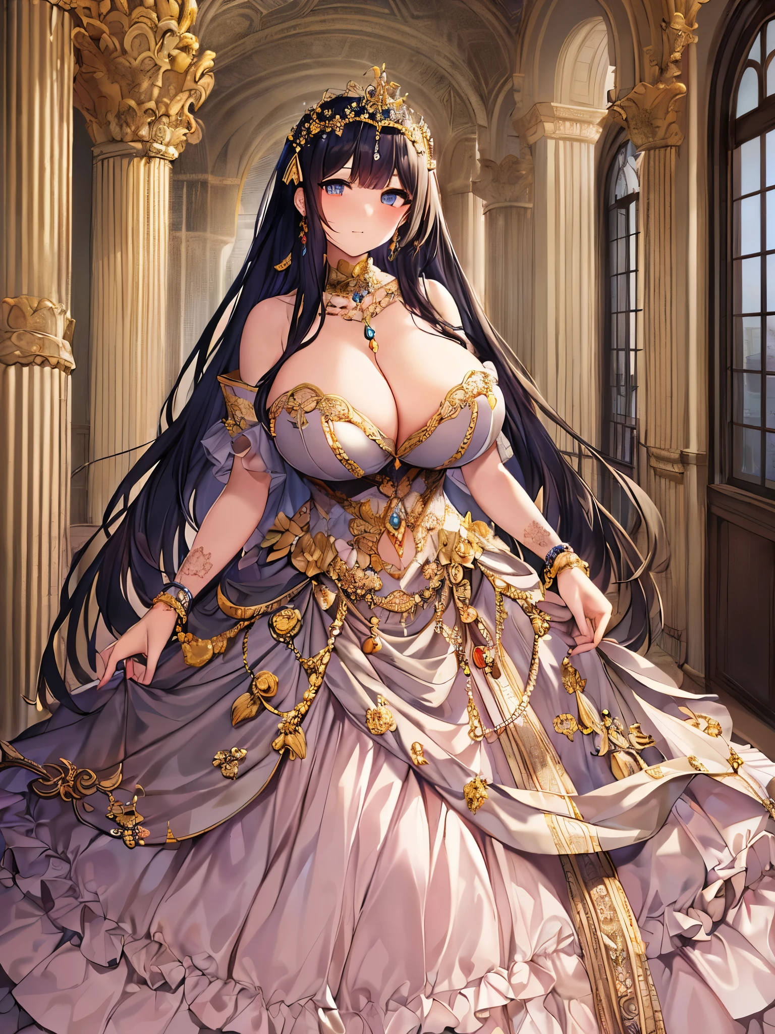 anime artstyle,Masterpiece,Best Quality,Super Detail,((Very Delicate and Beautiful)),(((full body))),((indoor,standing in luxurious palace)),(((1 princess in beautiful embroidery and jeweled gorgeous rococo ballgown with voluminous hoop skirt))),(((gorgeous rococo Ballgown with a hoop skirt that drags the hem))),((Solo)),((((very gigantic tits)))),((cleavage,gigantic tits,cleavage,sagging tits)),skindentation,((detailed face and eyes)),jewel-like eyes,((extremely voluminous straight Hair,Extremely Long Straight Hair)),((gorgeousfull embroidery and lace,beautiful embroidery and jeweled)),Gorgeous Gemstone Jewelry,gorgeous corsage,((gorgeous hair ornament,glitter jeweled gorgeous big tiara)),((full body)),((beautiful embroidery and jeweled gorgeous rococo ballgown with voluminous hoop skirt)),(crinoline),Looking at viewer,dynamic angle,(((beautiful embroidery and jeweled gorgeous rococo ballgown with voluminous hoop skirt))),(full body)