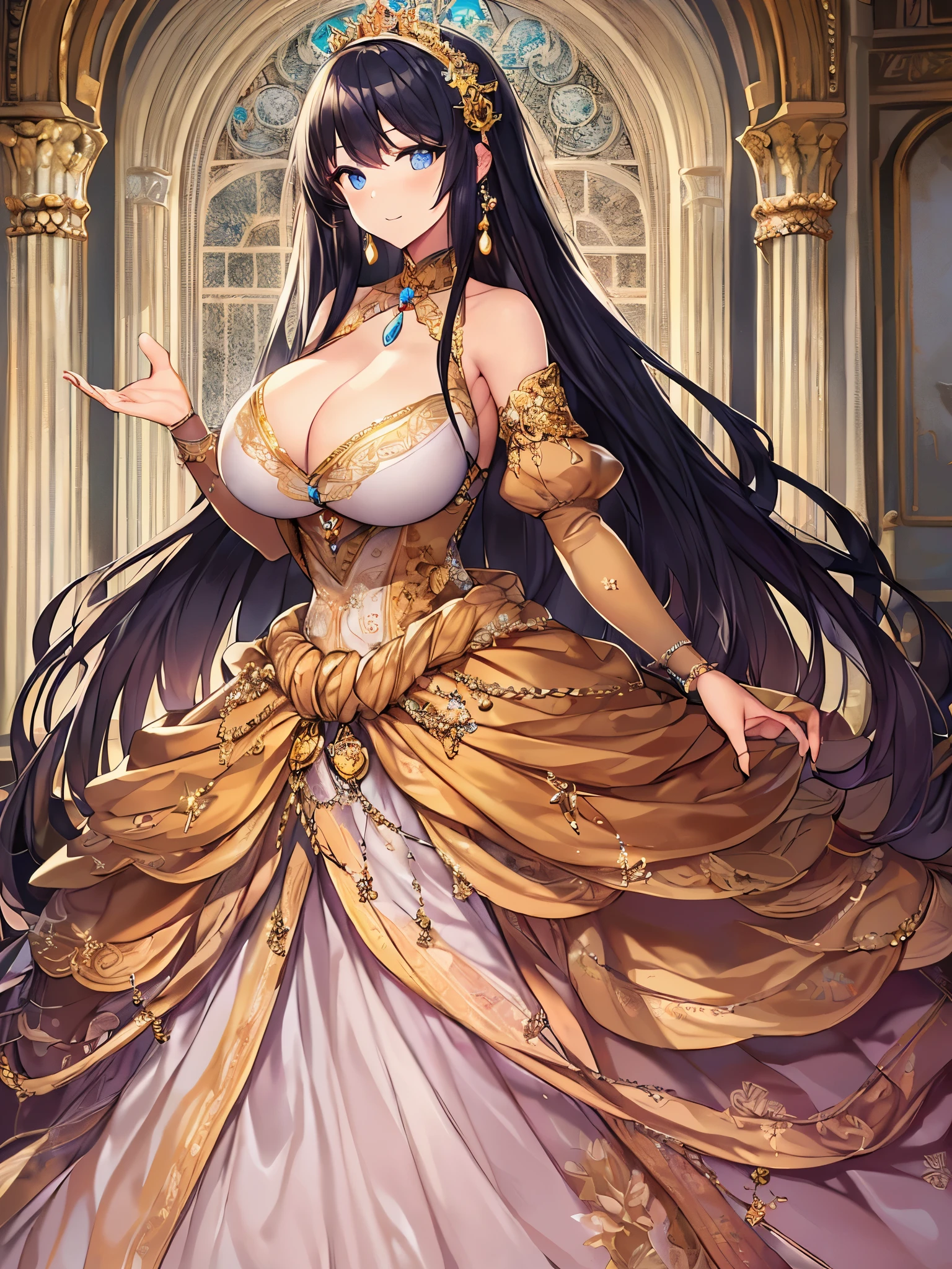 anime artstyle,Masterpiece,Best Quality,Super Detail,((Very Delicate and Beautiful)),(((full body))),((indoor,standing in luxurious palace)),(((1 princess in beautiful embroidery and jeweled gorgeous rococo ballgown with voluminous hoop skirt))),(((gorgeous rococo Ballgown with a hoop skirt that drags the hem))),((Solo)),((((very gigantic tits)))),((cleavage,gigantic tits,cleavage,sagging tits)),skindentation,((detailed face and eyes)),jewel-like eyes,((extremely voluminous straight Hair,Extremely Long Straight Hair)),((gorgeousfull embroidery and lace,beautiful embroidery and jeweled)),Gorgeous Gemstone Jewelry,gorgeous corsage,((gorgeous hair ornament,glitter jeweled gorgeous big tiara)),((full body)),((beautiful embroidery and jeweled gorgeous rococo ballgown with voluminous hoop skirt)),(crinoline),Looking at viewer,dynamic angle,(((beautiful embroidery and jeweled gorgeous rococo ballgown with voluminous hoop skirt))),(full body)