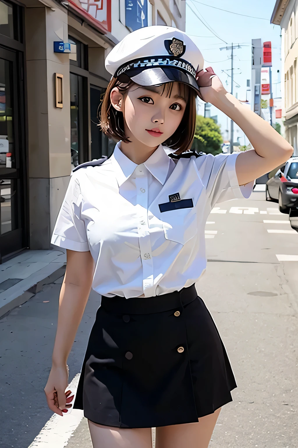 mini skirt、White Police Uniform、White Police Cap、whole body、photo taken from below、a beautiful female police officer、((brown bob hair))、city