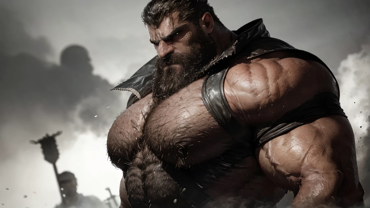 (best quality,ultra-detailed,realistic:1.37),(increased in size:1.1)giant muscular man, (enlarged muscular:1.1)massive chest, (bearded:1.1)bearded, (sexy:1.1)handsome, (alpha male:1.1)dominant male, (furious:1.1)full of rage, (menacing:1.1)threatening demeanor, (intense:1.1)intense gaze, (powerful:1.1)powerful presence, (ominous:1.1)ominous atmosphere, (ominous lighting:1.1)ominous lighting, (dark:1.1)dark mood, (dramatic:1.1)dramatic setting, (sinister:1.1)sinister energy, (muscular arms and shoulders:1.1)well-defined arms and shoulders, (aggressive:1.1)aggressive stance, (dynamic:1.1)dynamic pose, (towering:1.1)towering figure, (tense muscles:1.1)tense muscles, (fiery eyes:1.1)fiery eyes, (brooding expression:1.1)brooding expression, (ominous fog:1.1)ominous fog, (stormy sky:1.1)stormy sky, (grayscale:1.1)grayscale color palette, (high contrast:1.1)high contrast, (strong highlights:1.1)strong highlights, (shadowy:1.1)shadowy details, (emphasized textures:1.1)emphasis on textures, (epic:1.1)epic proportions, (monumental:1.1)monumental appearance, (majestic:1.1)majestic presence, (monstrous:1.1)monstrous size, (dominant:1.1)dominant figure, (mysterious:1.1)mysterious aura, (ferocious:1.1)ferocious display, (intimidating:1.1)intimidating presence, (imposing:1.1)imposing stature, (powerfully built:1.1)powerfully built physique, (stern:1.1)stern expression, (imposing jawline:1.1)imposing jawline, (extraordinary physique:1.1)extraordinary physique.