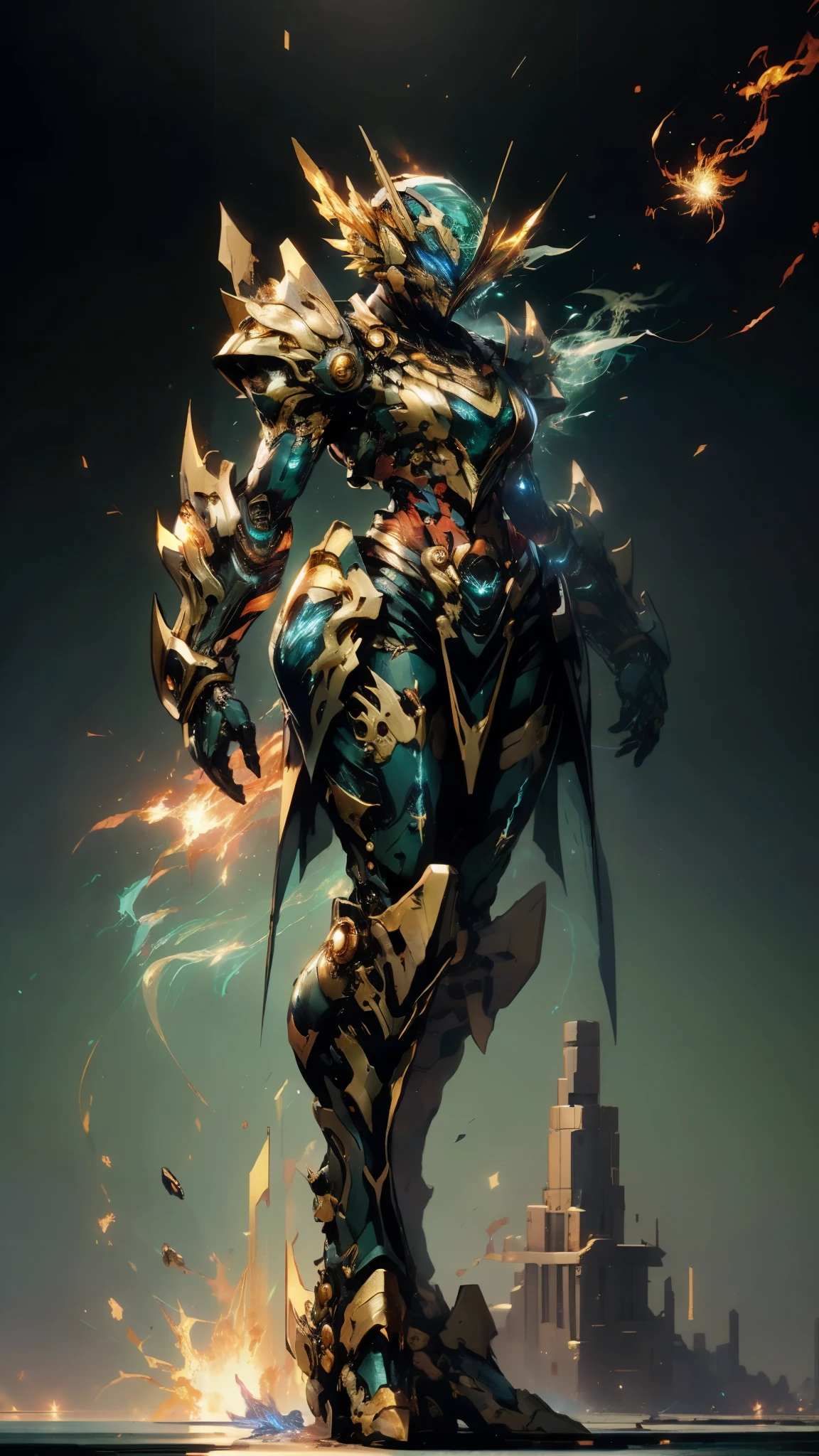 A woman adorned in fantasy-style full-body armor, a crown-concept fully enclosed helmet that unveils only her eyes, a composite layered chest plate, fully encompassing shoulder and hand guards, a lightweight waist armor, form-fitting shin guards, the overall design is heavy-duty yet flexible, (the armor gleams with a golden glow, complemented by red and blue accents), exhibiting a noble aura, she floats above a fantasy-surreal high-tech city, this character embodies a finely crafted fantasy-surreal style armored hero in anime style, exquisite and mature manga art style, (mixture of Queen bee and Spider concept Armor, plasma), ((Element, elegant, goddess, femminine:1.5)), metallic, high definition, best quality, highres, ultra-detailed, ultra-fine painting, extremely delicate, professional, anatomically correct, symmetrical face, extremely detailed eyes and face, high quality eyes, creativity, RAW photo, UHD, 32k, Natural light, cinematic lighting, masterpiece-anatomy-perfect, masterpiece:1.5