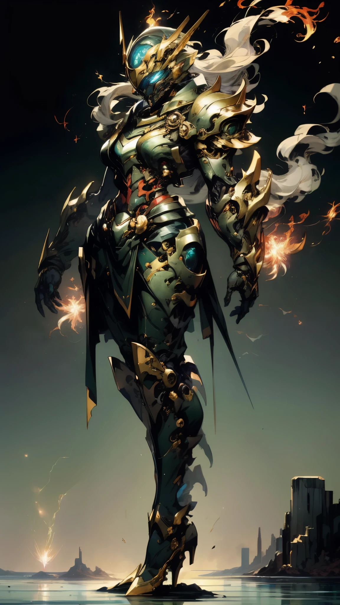 A woman adorned in fantasy-style full-body armor, a crown-concept fully enclosed helmet that unveils only her eyes, a composite layered chest plate, fully encompassing shoulder and hand guards, a lightweight waist armor, form-fitting shin guards, the overall design is heavy-duty yet flexible, (the armor gleams with a golden glow, complemented by red and blue accents), exhibiting a noble aura, she floats above a fantasy-surreal high-tech city, this character embodies a finely crafted fantasy-surreal style armored hero in anime style, exquisite and mature manga art style, (mixture of Queen bee and Spider concept Armor, plasma), ((Element, elegant, goddess, femminine:1.5)), metallic, high definition, best quality, highres, ultra-detailed, ultra-fine painting, extremely delicate, professional, anatomically correct, symmetrical face, extremely detailed eyes and face, high quality eyes, creativity, RAW photo, UHD, 32k, Natural light, cinematic lighting, masterpiece-anatomy-perfect, masterpiece:1.5