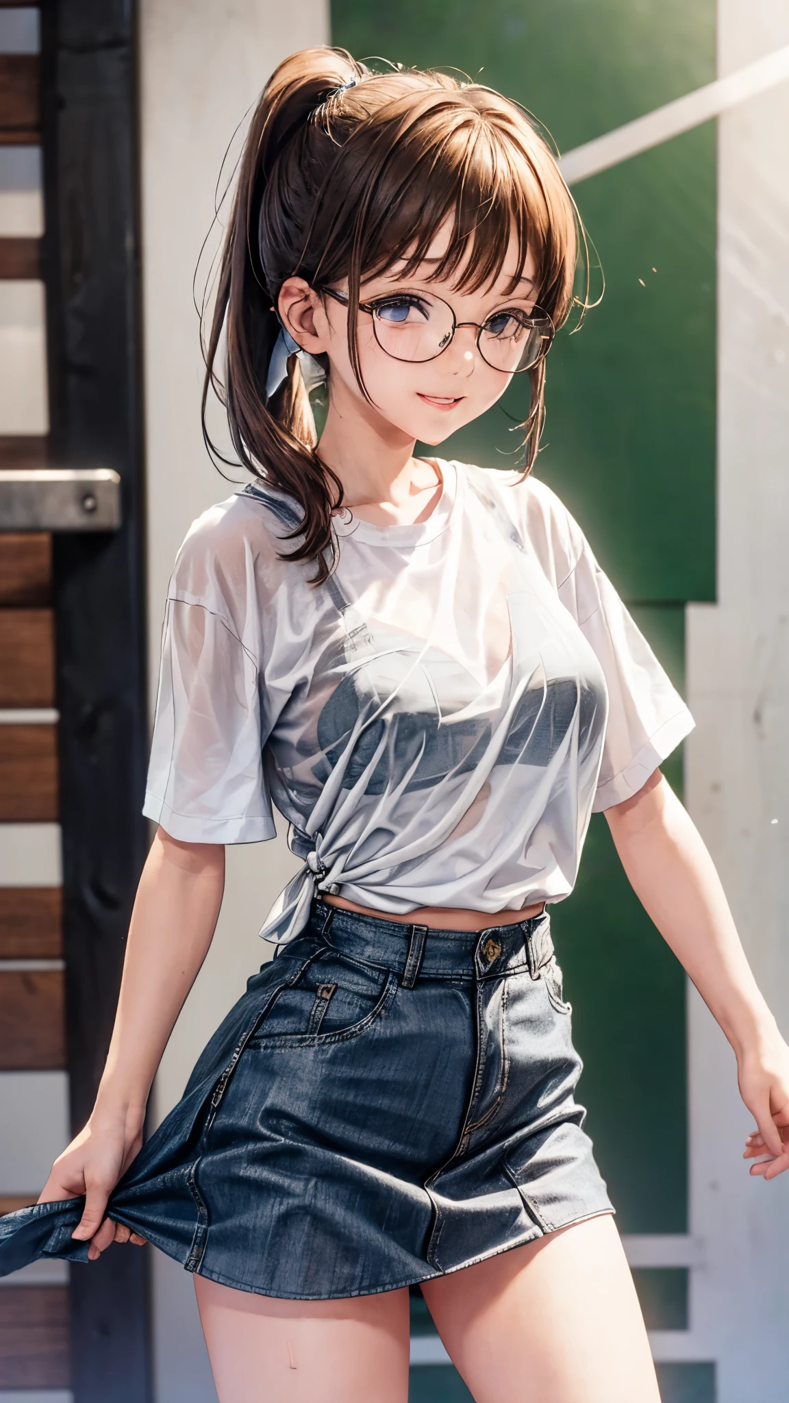 Cute nerdy japanese girl wearing a crop top with her peaking out