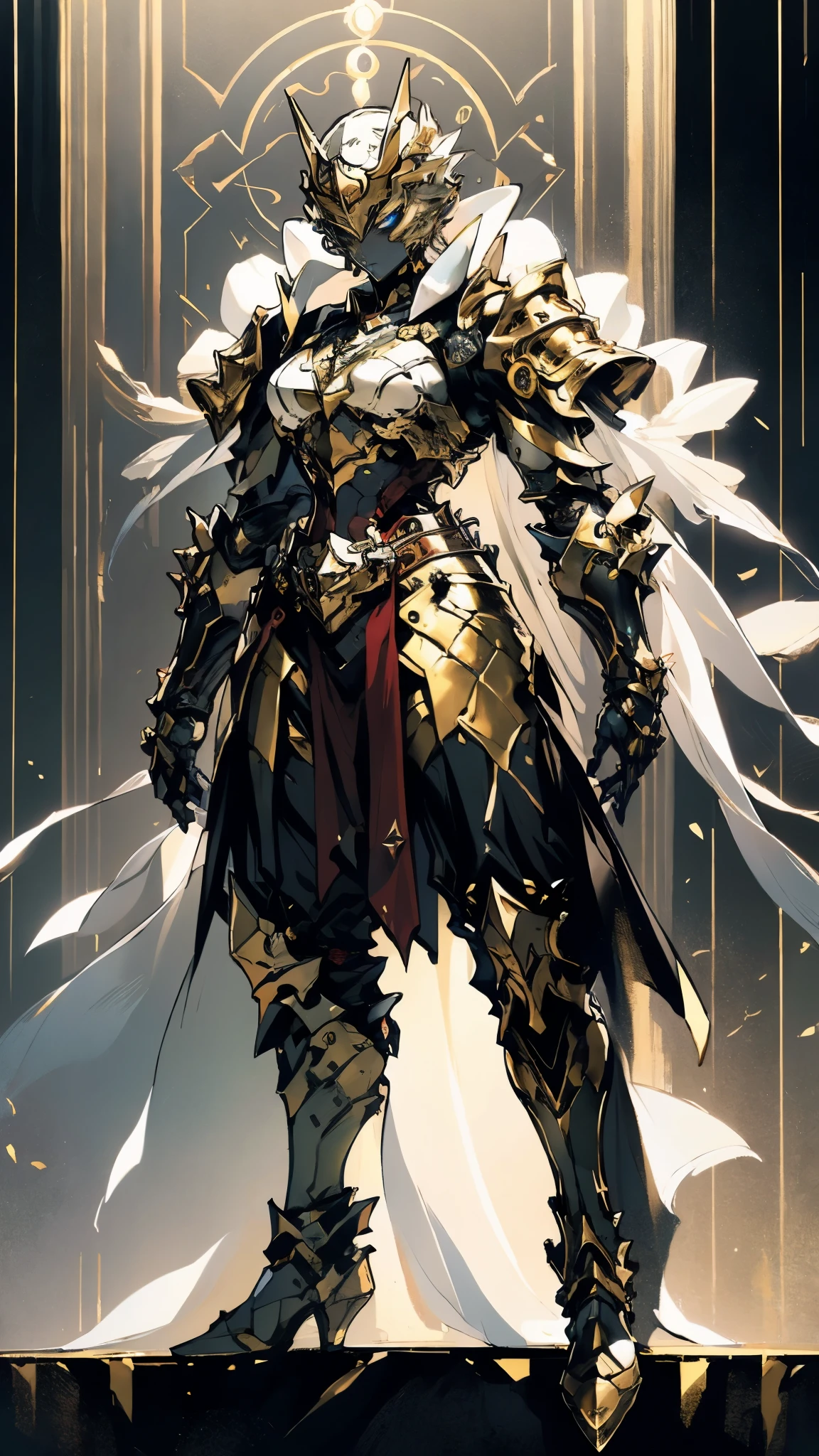 A woman adorned in fantasy-style full-body armor, a crown-concept fully enclosed helmet that unveils only her eyes, a composite layered chest plate, fully encompassing shoulder and hand guards, a lightweight waist armor, form-fitting shin guards, the overall design is heavy-duty yet flexible, (the armor gleams with a golden glow, complemented by red and blue accents), exhibiting a noble aura, she floats above a fantasy-surreal high-tech city, this character embodies a finely crafted fantasy-surreal style armored hero in anime style, exquisite and mature manga art style, (mixture of Queen bee and Spider concept Armor, plasma), ((Element, elegant, goddess, femminine:1.5)), metallic, high definition, best quality, highres, ultra-detailed, ultra-fine painting, extremely delicate, professional, anatomically correct, symmetrical face, extremely detailed eyes and face, high quality eyes, creativity, RAW photo, UHD, 32k, Natural light, cinematic lighting, masterpiece-anatomy-perfect, masterpiece:1.5