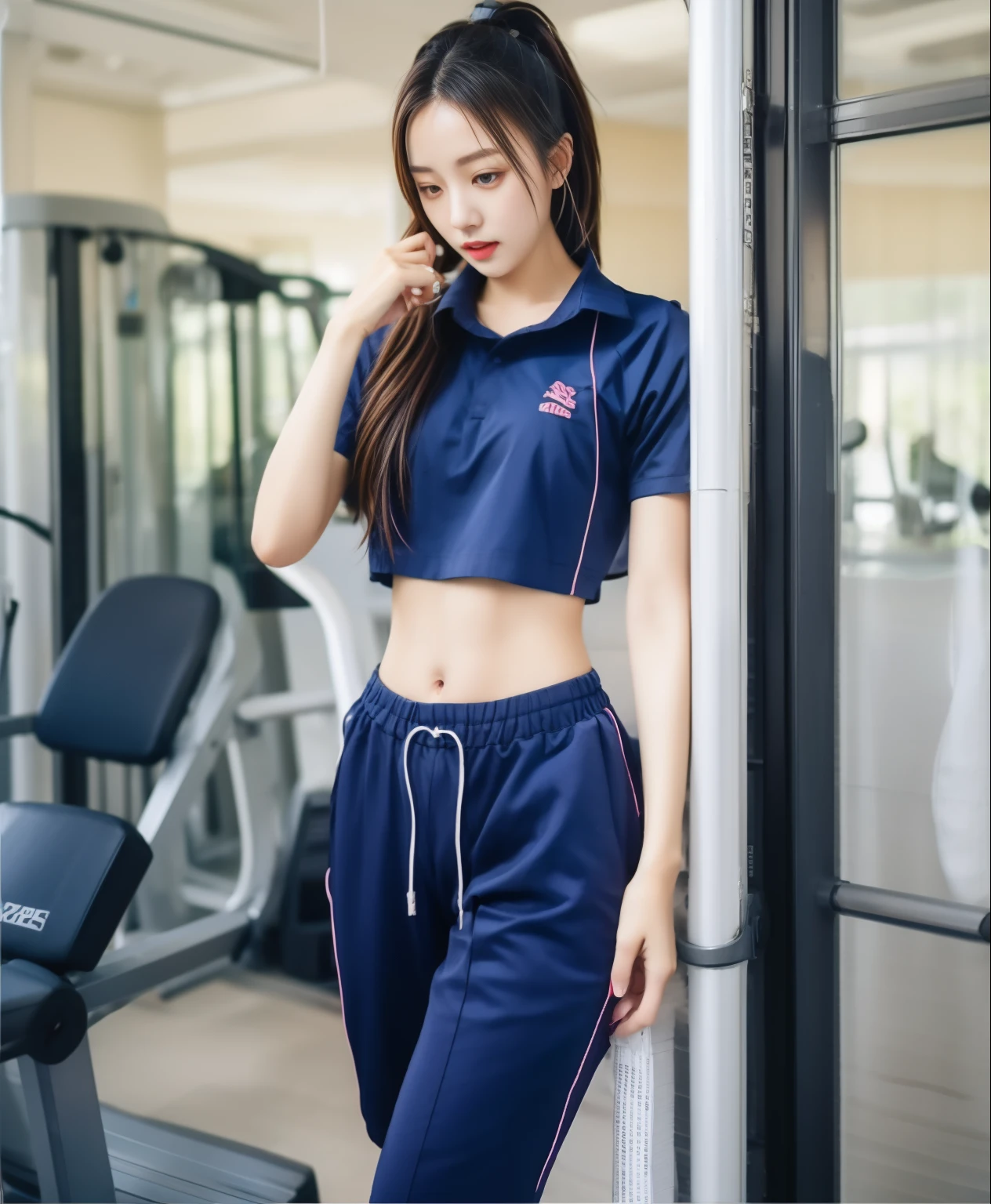 3 girls in fitness center, Blue short sleeve shirt,Sweatpantsขายาวสีกรมท่า,Sweatpants, Sweatpantsขายาว,25 year old girl, lesbian, sexy, exercise clothes, wet body, exercise clothes