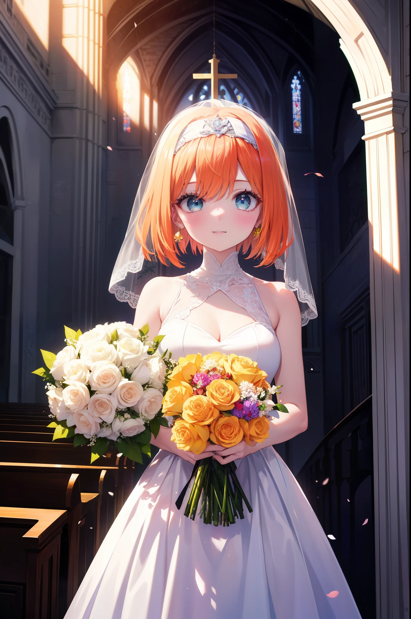 yotsubanakano, yotsuba nakano, bangs, short hair, red orange hair blue eyes, hair between eyes, green headband,blush,big smile, happy atmosphere,open your mouth,Wedding dress,veil wedding skirt,bouquet,bouquetトス,holding a large bouquet of flowers in both hands, break indoors, church,chapel, break (masterpiece:1.2), highest quality, High resolution, unity 8k wallpaper, (figure:0.8), (detailed and beautiful eyes:1.6), highly detailed face, perfect lighting, Very detailed CG, (perfect hands, perfect anatomy),
