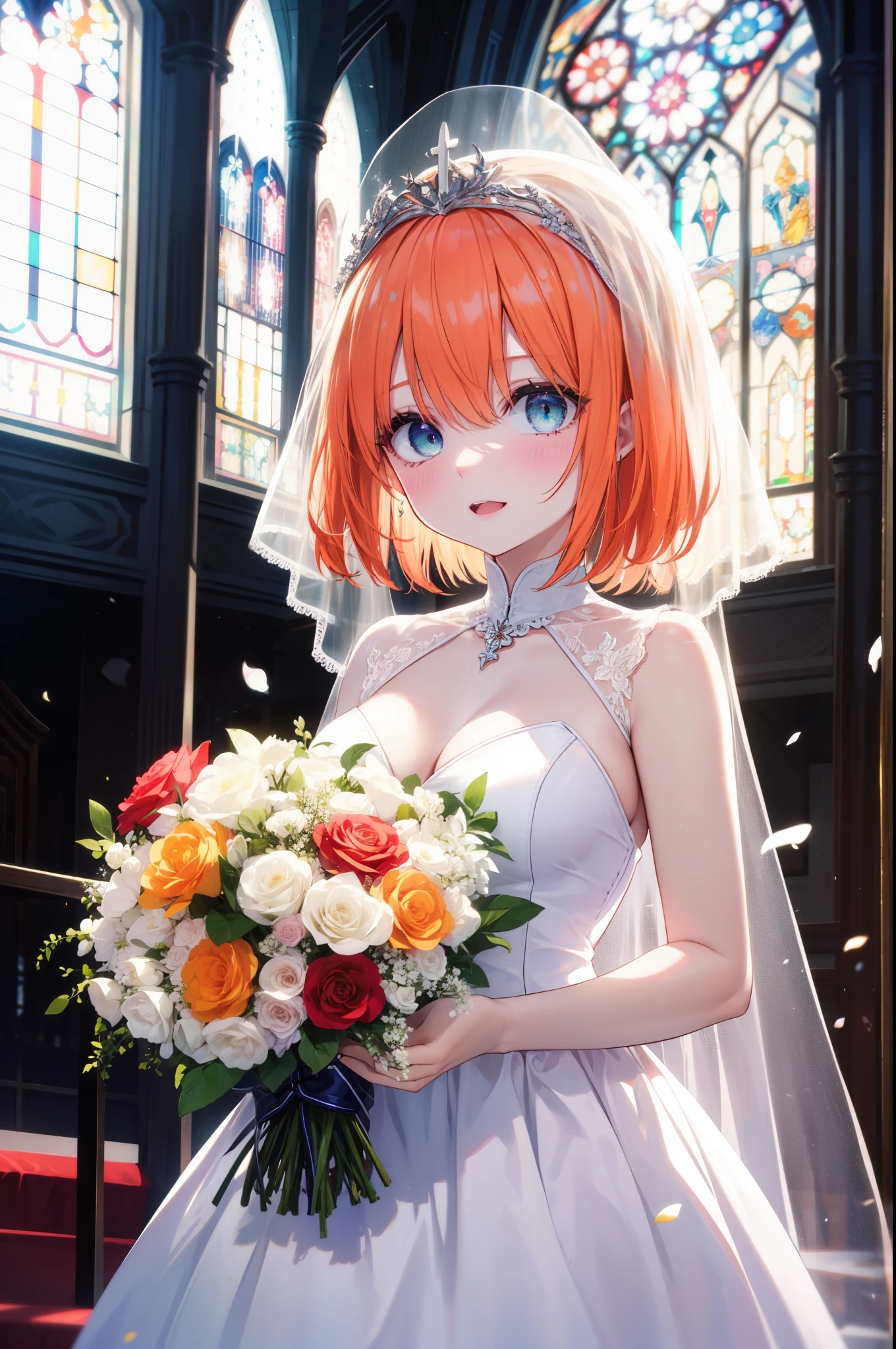 yotsubanakano, yotsuba nakano, bangs, short hair, red orange hair blue eyes, hair between eyes, green headband,blush,big smile, happy atmosphere,open your mouth,Wedding dress,veil wedding skirt,bouquet,bouquetトス,holding a large bouquet of flowers in both hands, break indoors, church,chapel, break (masterpiece:1.2), highest quality, High resolution, unity 8k wallpaper, (figure:0.8), (detailed and beautiful eyes:1.6), highly detailed face, perfect lighting, Very detailed CG, (perfect hands, perfect anatomy),