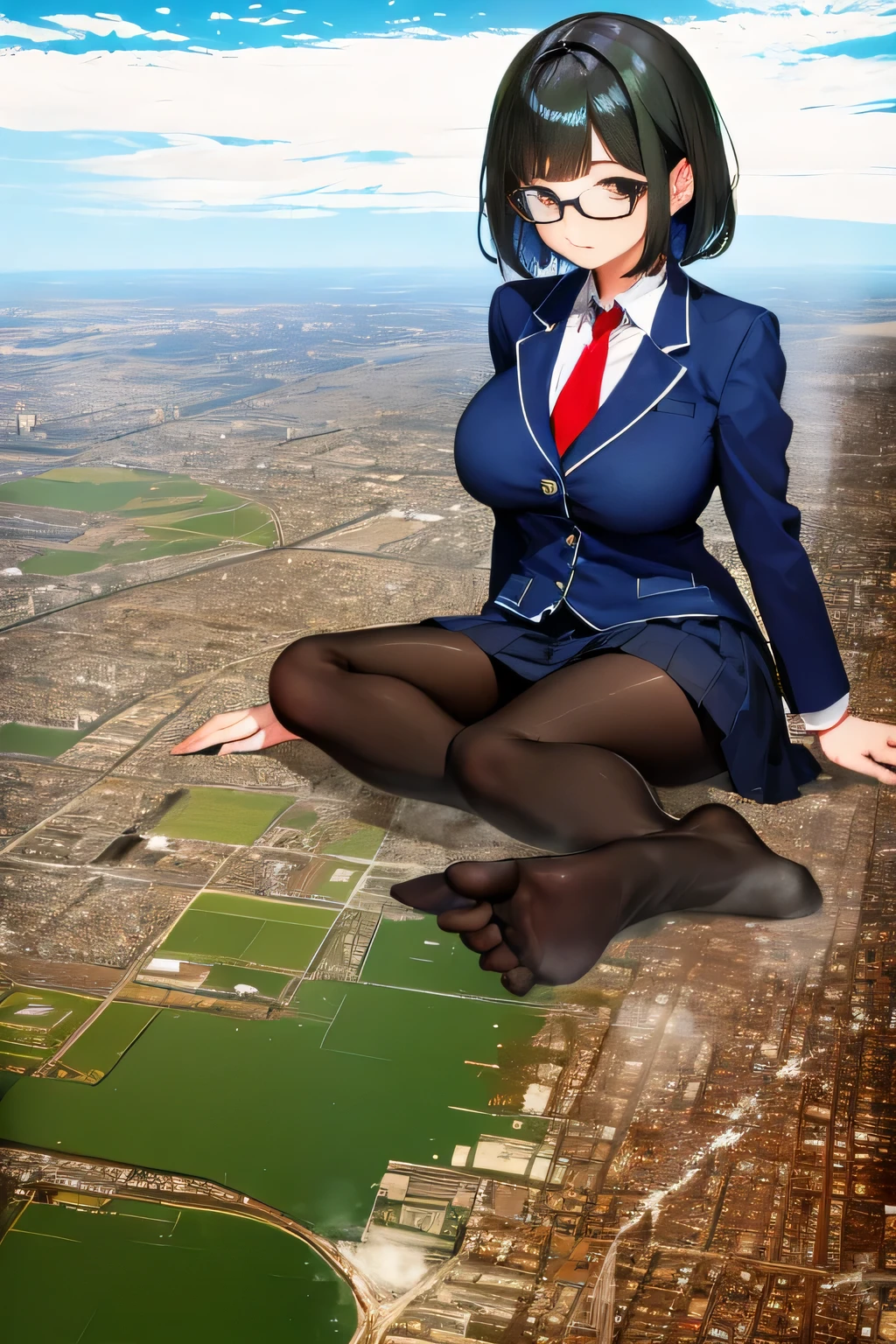 Giantの芸術, 非常に詳細なGiantショット, Giant, short hair, A high school girl who is much bigger than a skyscraper, wearing rimless glasses, big breasts, big ass, navy blazer, red tie, mini skirt, black pantyhose, pantyhose barefoot, Steam comes out from the soles of the feet, very small metropolis, miniature metropolis, crush the big city, full body description, ＧＴＳ, ギガGiant, stomping city, crash city, small town, micro city, High resolution, highest quality, masterpiece, Pee, 