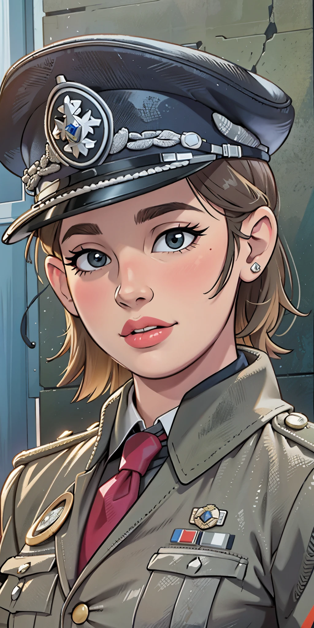 photorealistic, high resolution, soft light,1women, solo, hips up, (detailed face), jewelry, badge, necktie, german/(military uniform/), pencil skirt