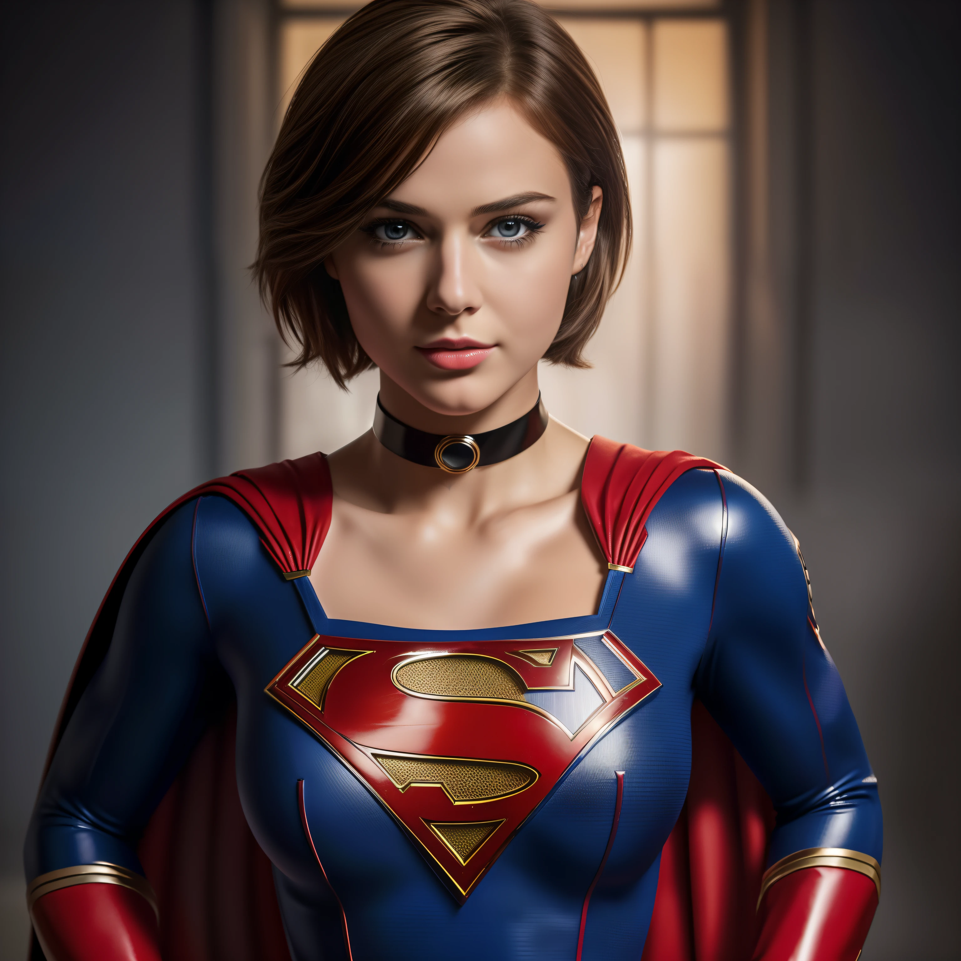 (best quality,4k,8k,highres,masterpiece:1.2),ultra-detailed,(realistic,photorealistic,photo-realistic:1.37),supergirl with short hair, big chest, looking at the camera, glossy costume, choker, very short mini skirt, magazine cover, pose