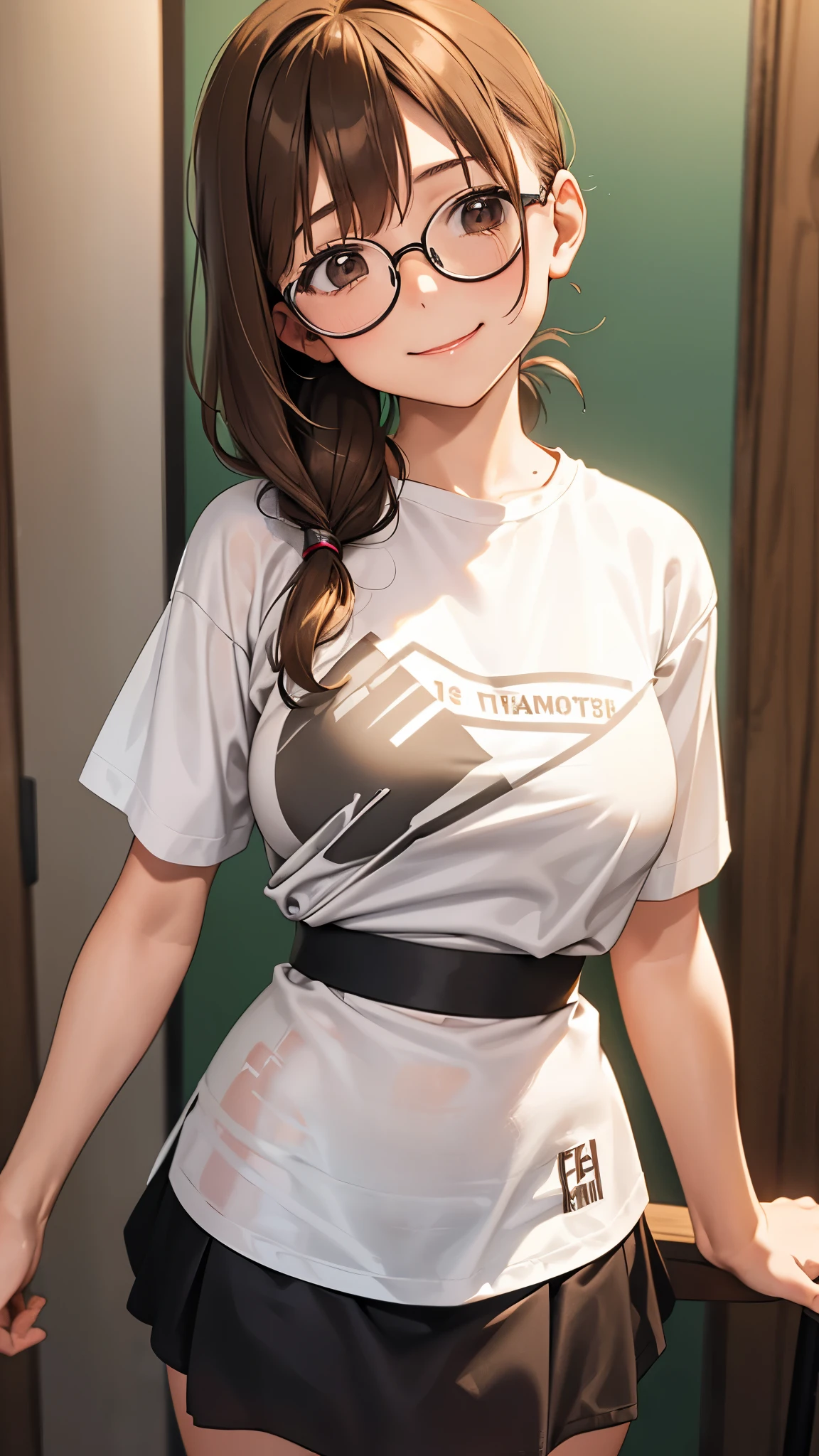 1 female,************,brown hair,beautiful low ponytail hairstyle, (Miniskirt and large white T-shirt, (under bust:1.2), short sleeve, natural smile,,frameless eyeglasses,(slouch)