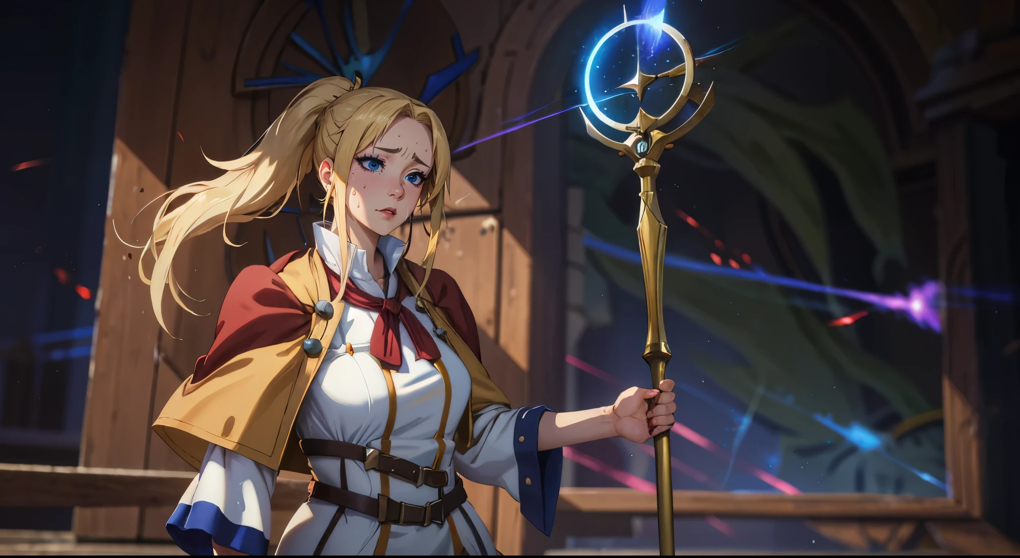 (blonde hair:1.4), blue eyes, low ponytail, (plump:1.2), epic art, fantasy art, a woman standing in front of a clock holding a wand, a character portrait, by Yang J, pixiv contest winner, maya ali as a lightning mage, rendered in 4 k, npc with a saint's halo, illustrious, arcane art style, ( ( god king of ai art ) ), high detailed), hera, cunning expression, looking at viewer, sweating, steaming body, fog