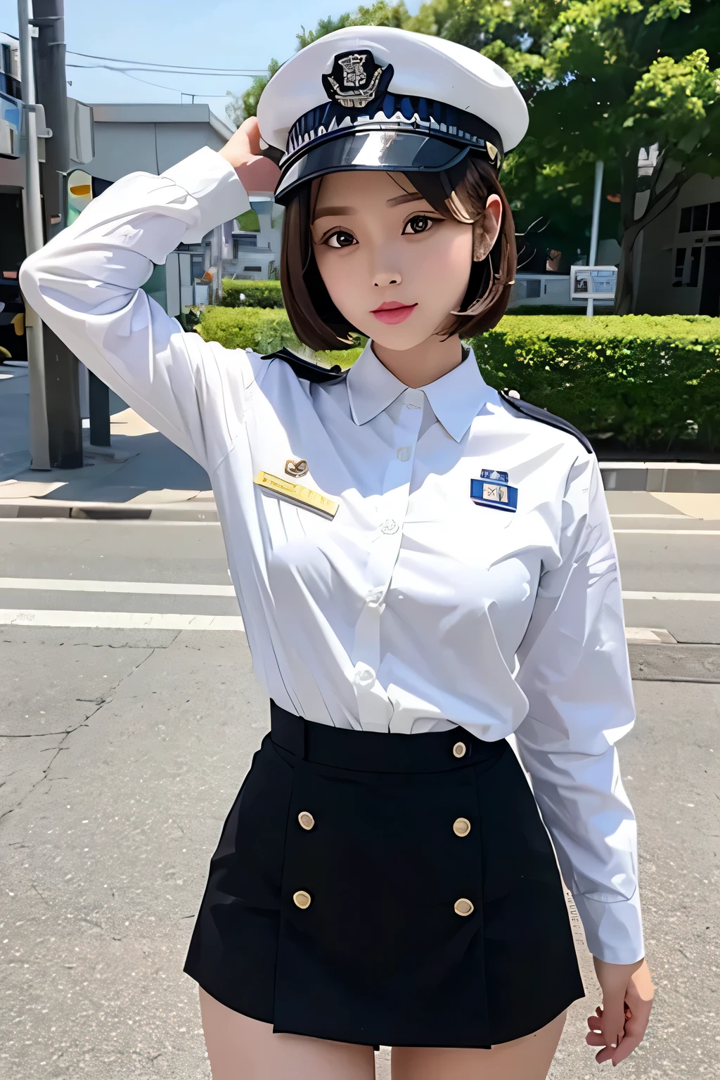 mini skirt、White Police Uniform、White Police Cap、whole body、photo taken from below、a beautiful female police officer、((brown bob hair))、city