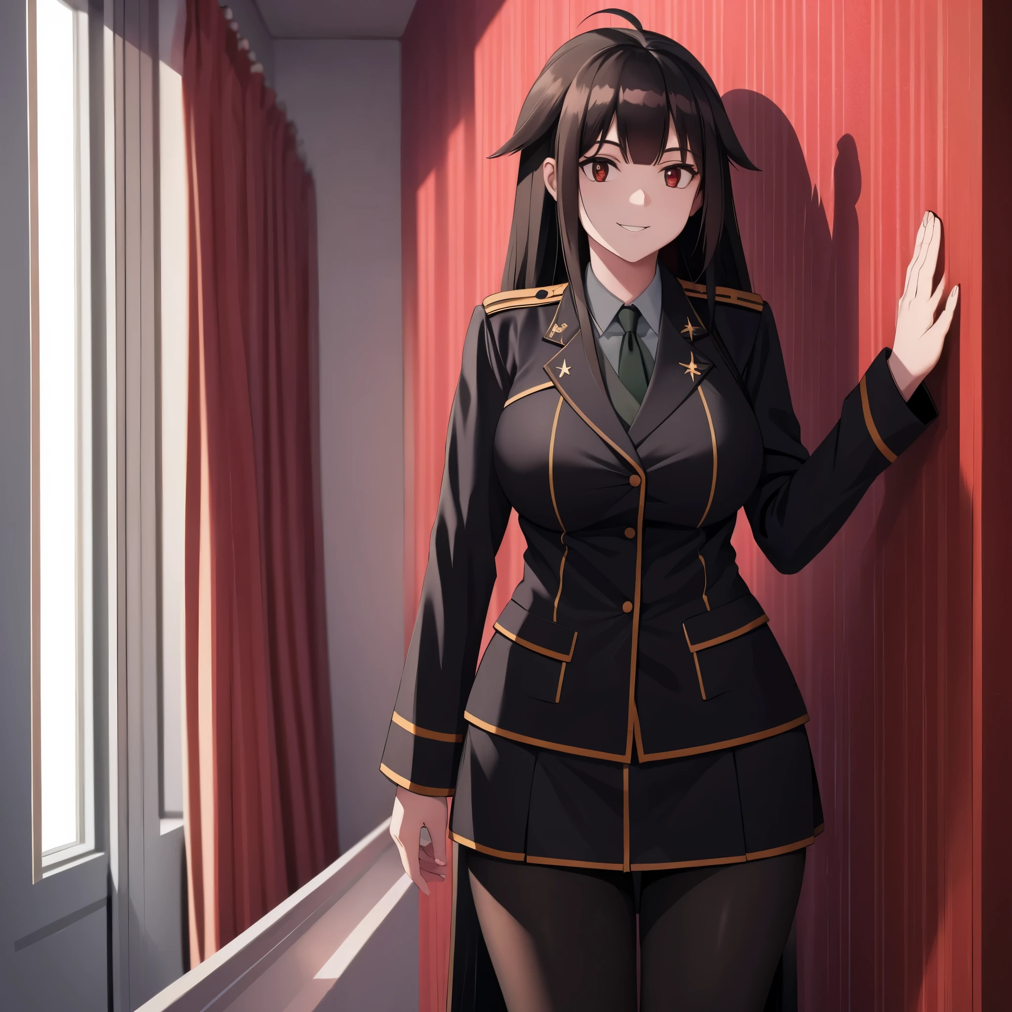 A woman in in an officer's room, long black hair, red eyes, smile

