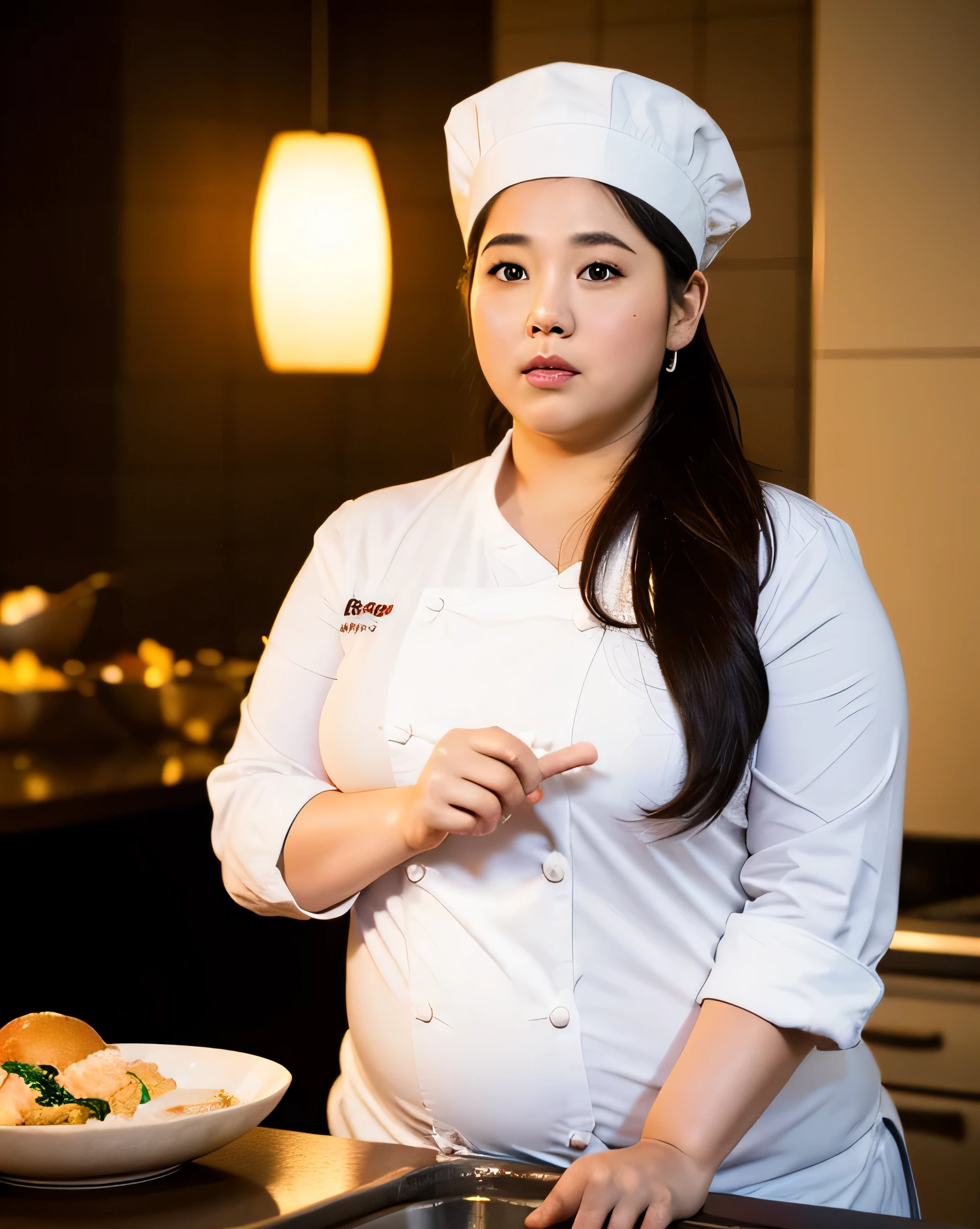 1 female, Overweight, chef, Extremely fat, Chubby, Japanese, 4k, High resolution, masterpiece, highest quality, fine skin, sharp focus, (cinematic lighting)
