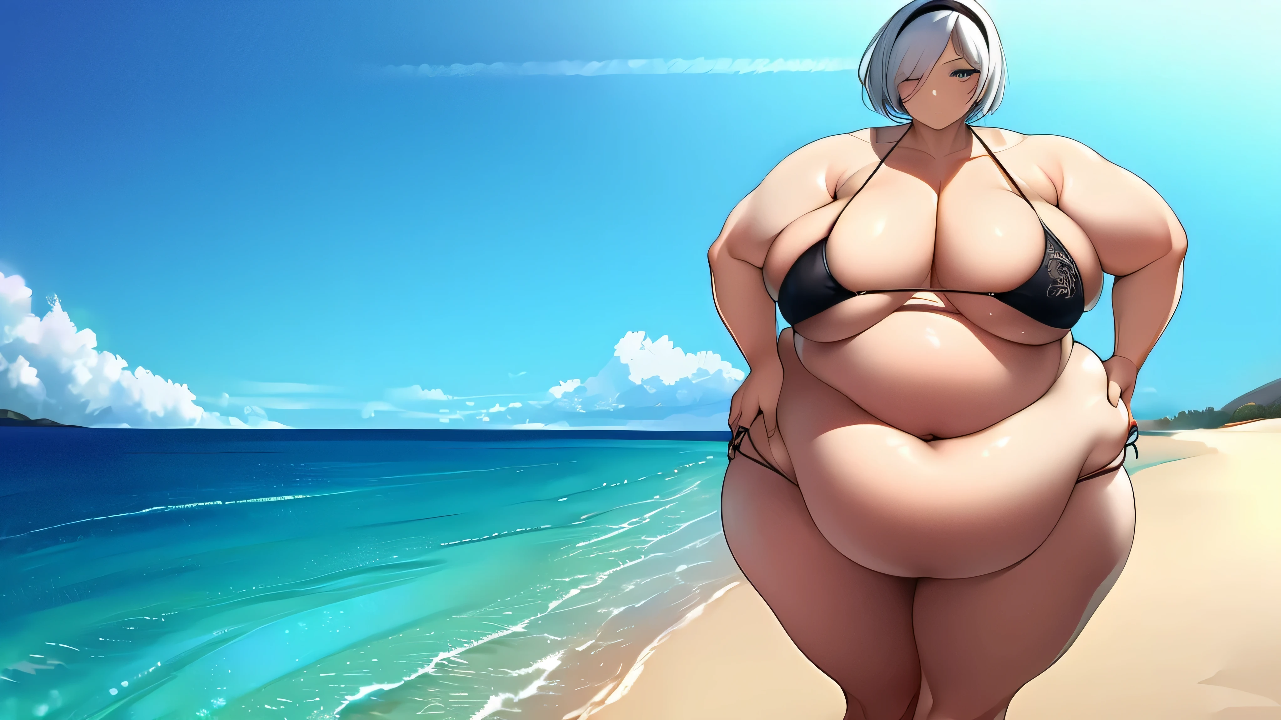 1 garota, 2b, nier automaton, small black bikini, neutral expression, obeso, barriga enorme, coxas gordas, Seios rechonchudos, entrando em um restaurante em uma praia muito ensolarada, abrindo a porta da frente, detalhado, detalhado face, pele brilhante, pele molhada, anatomia perfeita