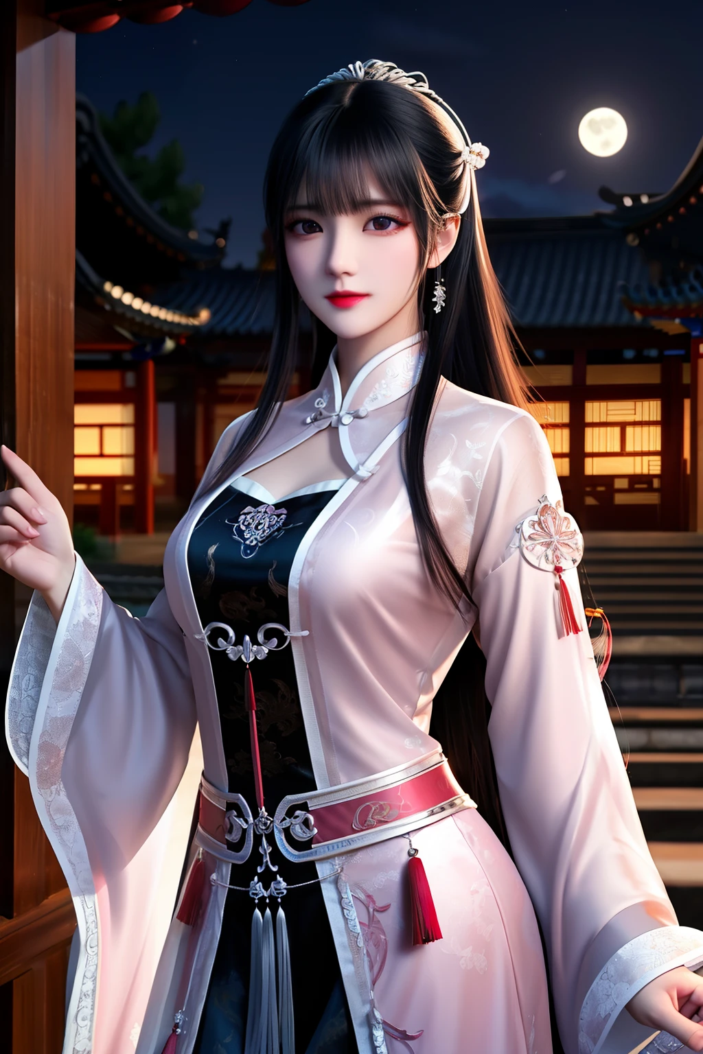 8k, masterpiece, highest quality, night, full moon, 1 girl, Chinese style, chinese architecture, mature woman, younger sister, silver white long haired woman, Chest clothes clipping、long hair, Light pink lip, Calm, Reasonable, bangs, gray pupil, assassin, fan, knife fan, Dance of petals, delicate face