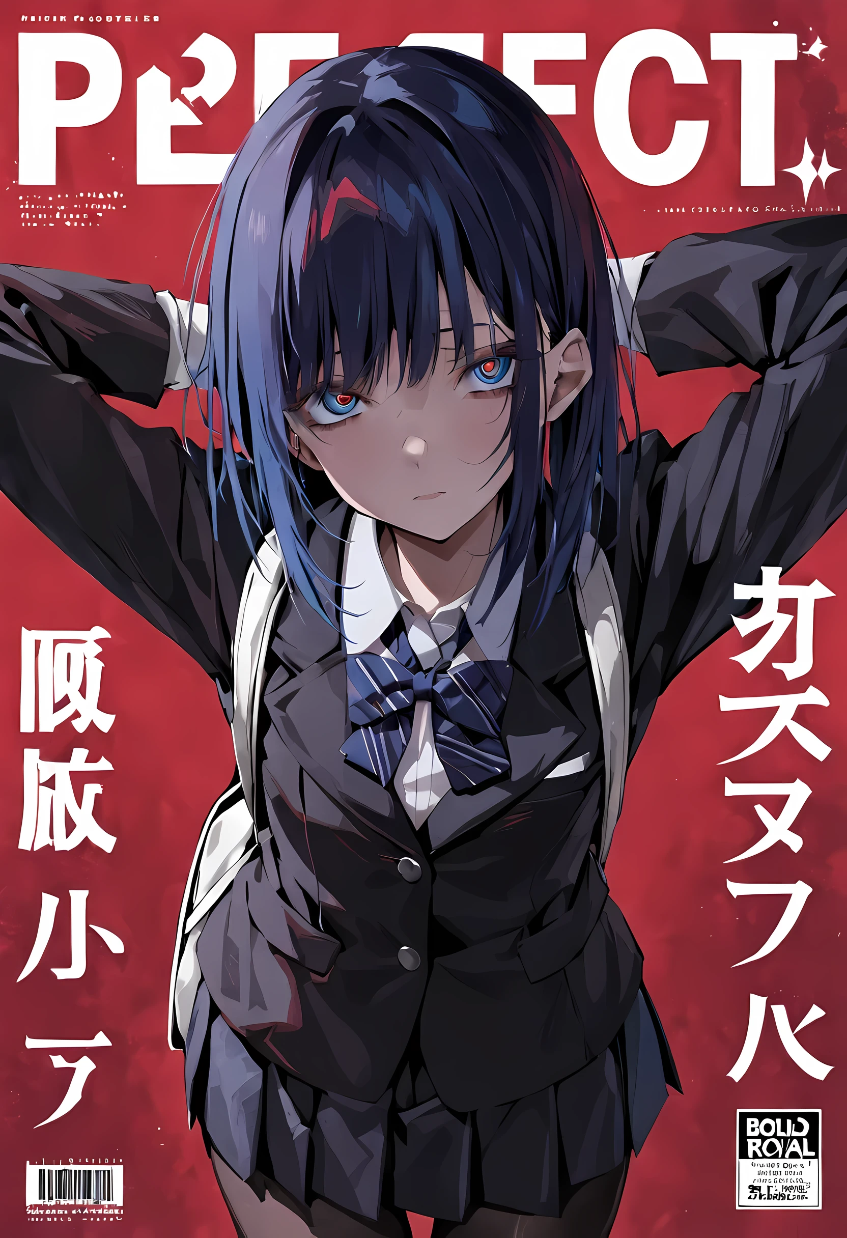 masterpiece, best quality, reze, detailed eyes, hands behind head:1.2, perfect hands, (magazine cover, bold letters, striking bold font, comic cover), wearing black backpack, cool expression, medium shot, 1girl, solo, negative space, red background, red background, wearing black backpack, a girl in a school uniform, detailed blue eyes:1, half closed eyes, detailed eyelashes, sharp eyes, dark royal blue hair, medium length hair, hair behind ear, side bangs, (black blazer, black pleated skirt, black tights), simple, facing viewer, manga illustration-style, bangs, 18 years old, rating: questionable, wearing black backpack, black straps:1, black blazer:1, long-sleeved blazer,
