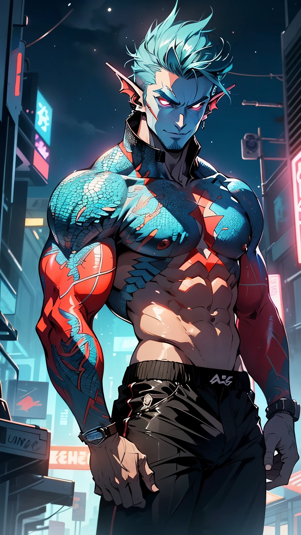 muscular man,(((1man))),((man muscular)),

(((1male,man:1.5,handsome man,male,male gender:1.5,male focus))),macho man,

Alien Fish man, ((blue skin:1.5)), (huge eyes:1.5), (((ear fins:1.5))), (((scaly skin:1.5))),((monster_man)),(deep blue skin:1.5),

((short black hair)),(((lustrous skin:1.5,bright skin: 1.5,shiny skin,very shiny skin,shiny body,illuminated skin))),(glowing eyes, blue_eyes:1.0), (((black sclera:1.5))),symmetrical eyes,((exaggerated muscles,exaggerated shoulders,very muscular and huge)),man chest,handsome face,((((muscular,hairy body,muscular man,tall,big biceps,abs,big thighs,broad shoulders,open chest)))),(((detailed face))),(((square jaw))),

alluring look,nsfw,

(((bare chest,shirtless))),hunter pants,((bulge in pants)),(hunter outfit:1.3,hunter clothes),((wet clothes,intricate outfit,intricate clothes)),

(dynamic pose:1.0),solo focus,((evil smile,evil look)),(centered,scale to fit dimensions,Rule of thirds),

cyberpunk city by the ocean at night, with bright neon signs and dark stormy clouds and puddles, scenery:1.25,nighttime, starry night, cosmos,Very dark night that makes the neon lights stand out, very bright neon lights,nighttime, starry night, cosmos,

highres, sharp focus, (ultra detailed, extremely detailed), (photorealistic artwork:1.37),(extremely detailed CG unity 8k wallpaper),((synthwave background theme)),(((vibrant colors))),(intricate background),(masterpiece),(best quality),
