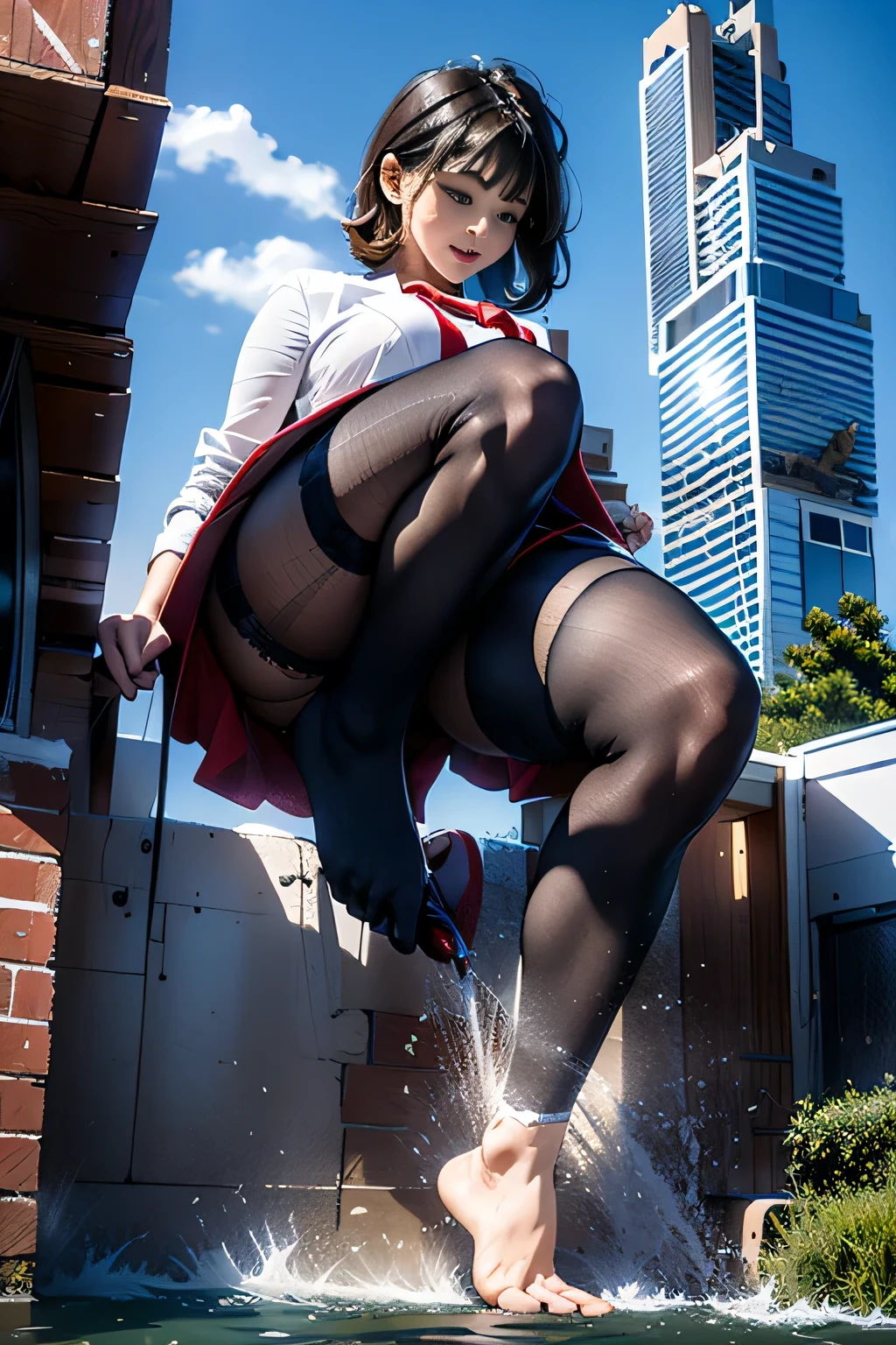 Giantの芸術, 非常に詳細なGiantショット, Giant, short hair, A high school girl who is much bigger than a skyscraper, wearing rimless glasses, big breasts, big ass, navy blazer, red tie, mini skirt, black pantyhose, pantyhose barefoot, Steam comes out from the soles of the feet, very small metropolis, miniature metropolis, crush the big city, press one&#39;s crotch against a building, full body description, ＧＴＳ, ギガGiant, stomping city, crash city, small town, micro city, High resolution, highest quality, masterpiece, 