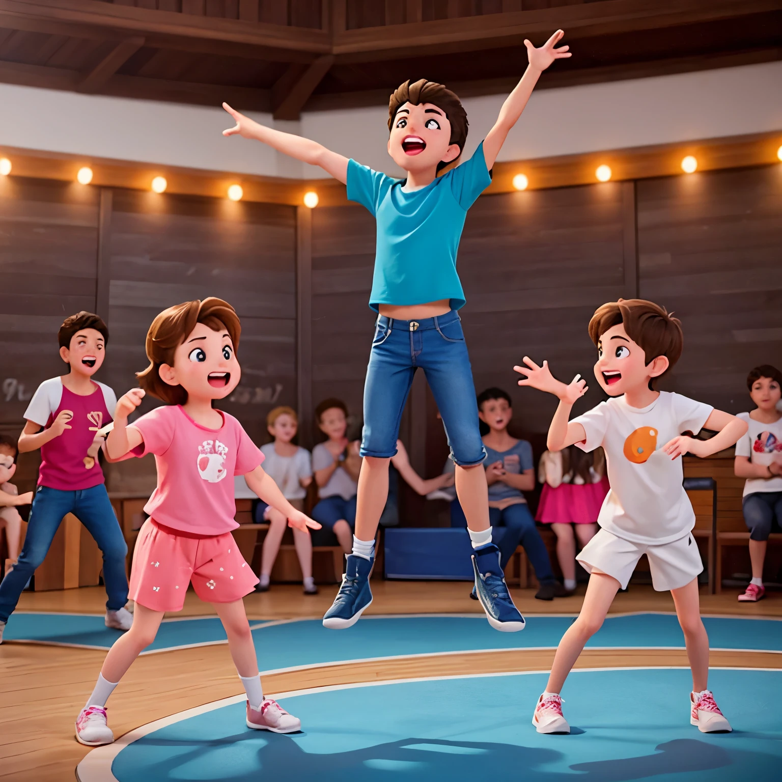 Make a drawing of a stand-up comedy performance in an open space featuring two age boys and one girl showing a funny scene, while around them the audience consisting of children, teens, and the elderly watches the performance with happy expressions.