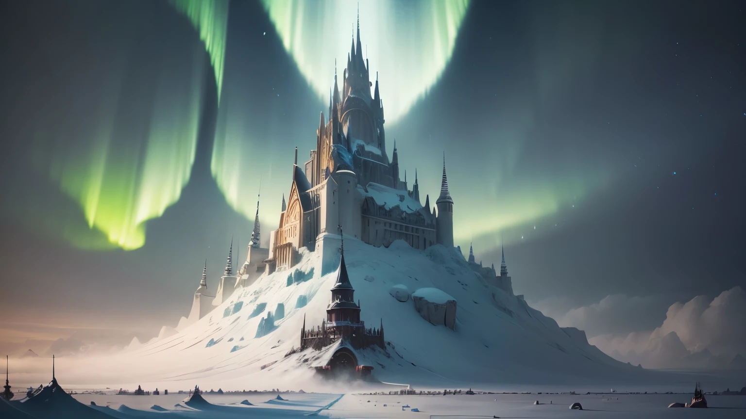 ModelShoot style, (Extremely detailed Cg Unity 8K wallpaper),Snowy mountain landscape with fog,South Pole,aurora,snow mountains,Igloo,Ice sculpture palace,Ice block house,The palace of the Ice Queen,Immerse yourself in the beautiful aurora,photography of:Brandon Woelfelmist,Surreal dreams,Gray atmosphere,raining day,dyna,lut,hdr,Surrealist art fantasy style,Epic digital fantasy art style,Beautiful dream art,