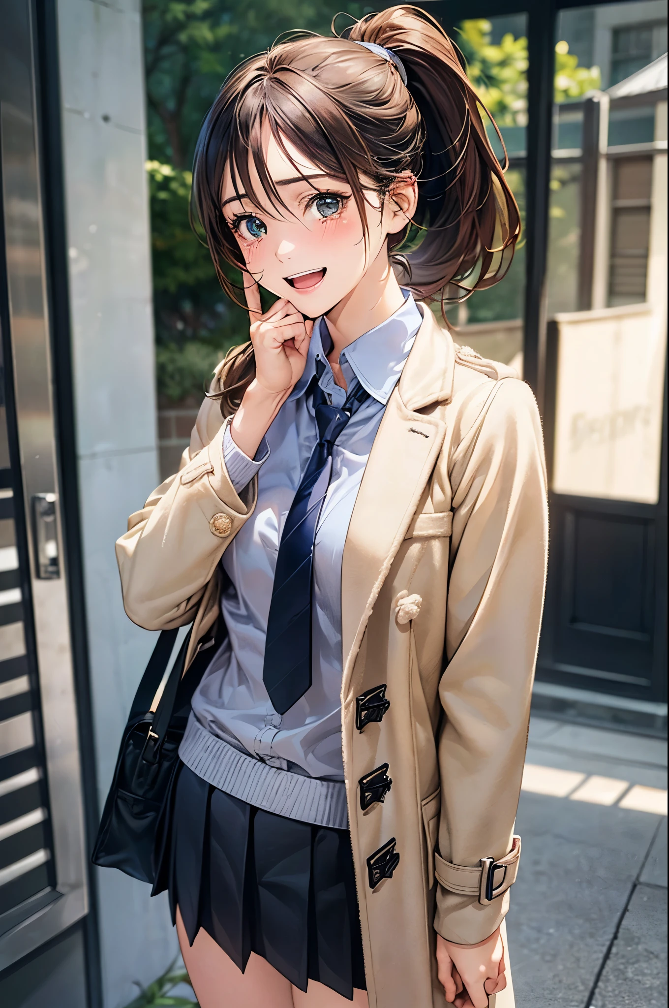 (masterpiece:1.2, top-quality), (realistic, photorealistic:1.4), beautiful illustration, (natural side lighting, movie lighting), nsfw, 
looking at viewer, face focus, upper body, front view:0.6, 1 girl, japanese, high school girl, 15 years old, perfect face, cute and symmetrical face, shiny skin, 
(middle hair:1.2, high ponytail, sideburns, brown hair), hair between eyes, dark green eyes, long eye lasher, (medium breasts), slender, 
beautiful hair, beautiful face, beautiful detailed eyes, beautiful clavicle, beautiful body, beautiful chest, beautiful thigh, beautiful legs, beautiful fingers, 
((light brown duffle coat, closed clothes, light blue collared shirts, black box pleated mini skirt with line,), navy tie), 
(beautiful scenery), evening, (outside school), standing, index finger raised, (happy smile, open mouth, tears),
