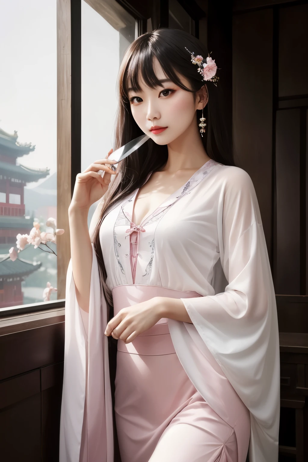 8k, masterpiece, highest quality, night, full moon, 1 girl, Chinese style, chinese architecture, mature woman, younger sister, silver white long haired woman, Chest clothes clipping、long hair, Light pink lip, Calm, Reasonable, bangs, gray pupil, assassin, fan, knife fan, Dance of petals, delicate face