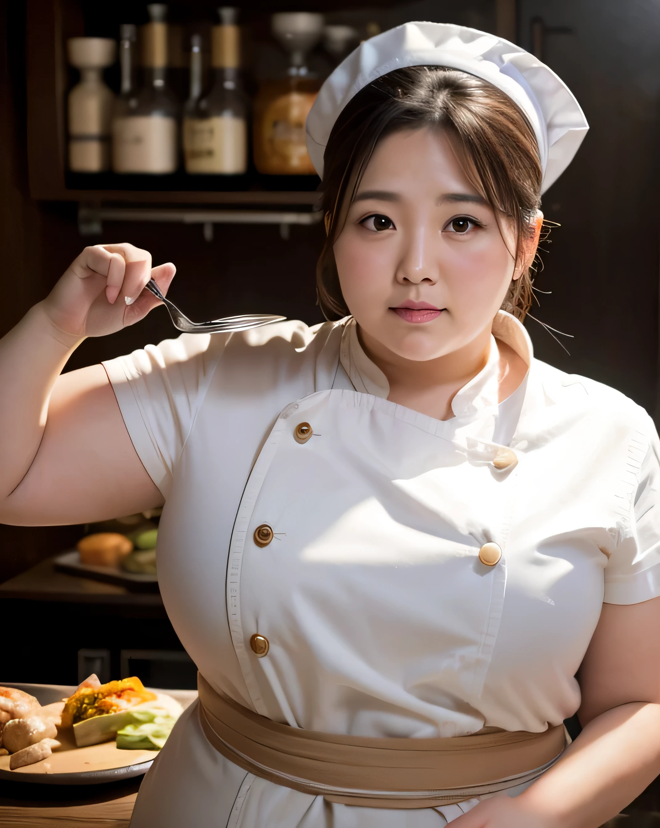 1 female, Overweight, chef, Extremely fat, Chubby, Japanese, 4k, High resolution, masterpiece, highest quality, fine skin, sharp focus, (cinematic lighting)