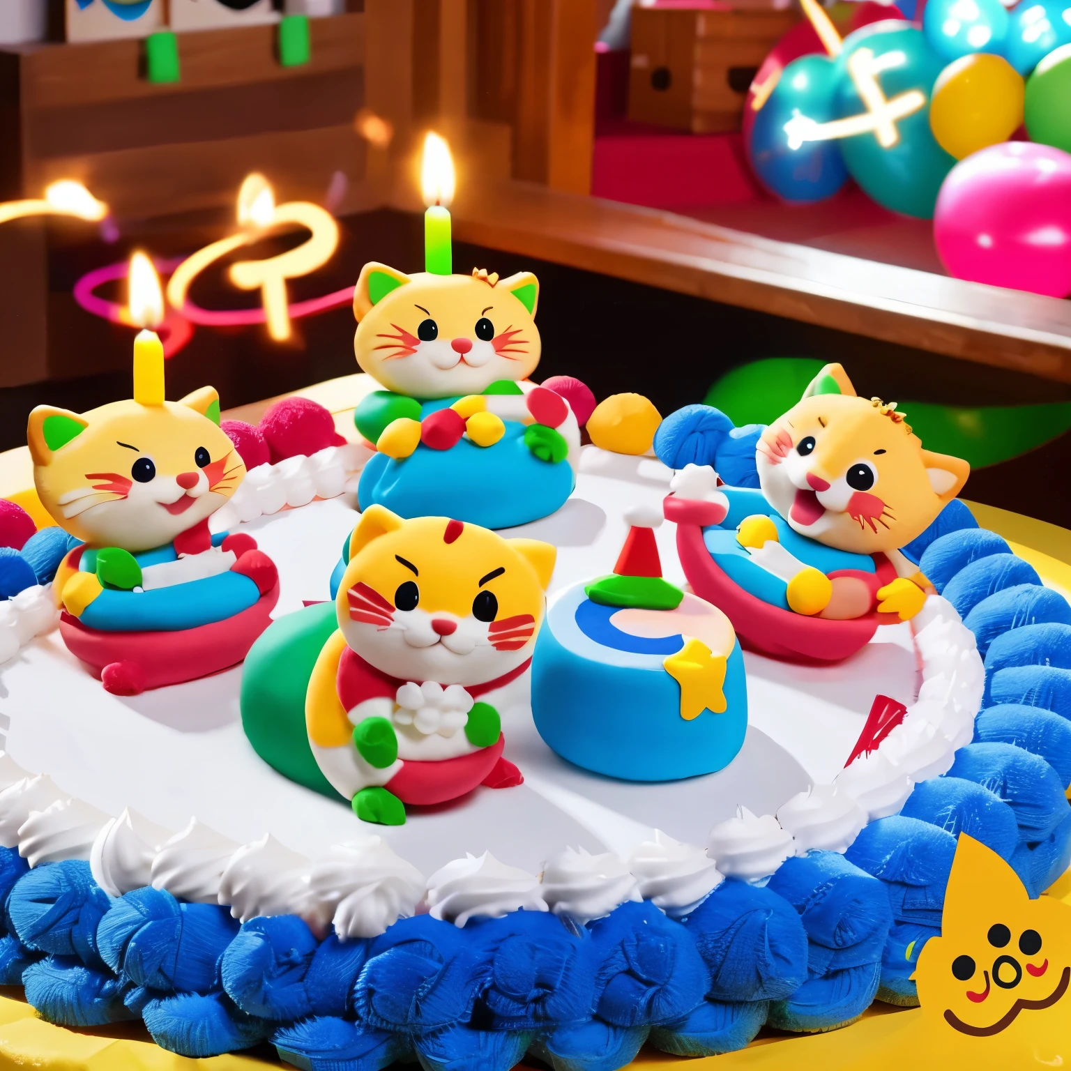 Cute, drawing, 4k, masterpiece, natural light, party scenario. six cute cats destroying a beatiful birthday cake.