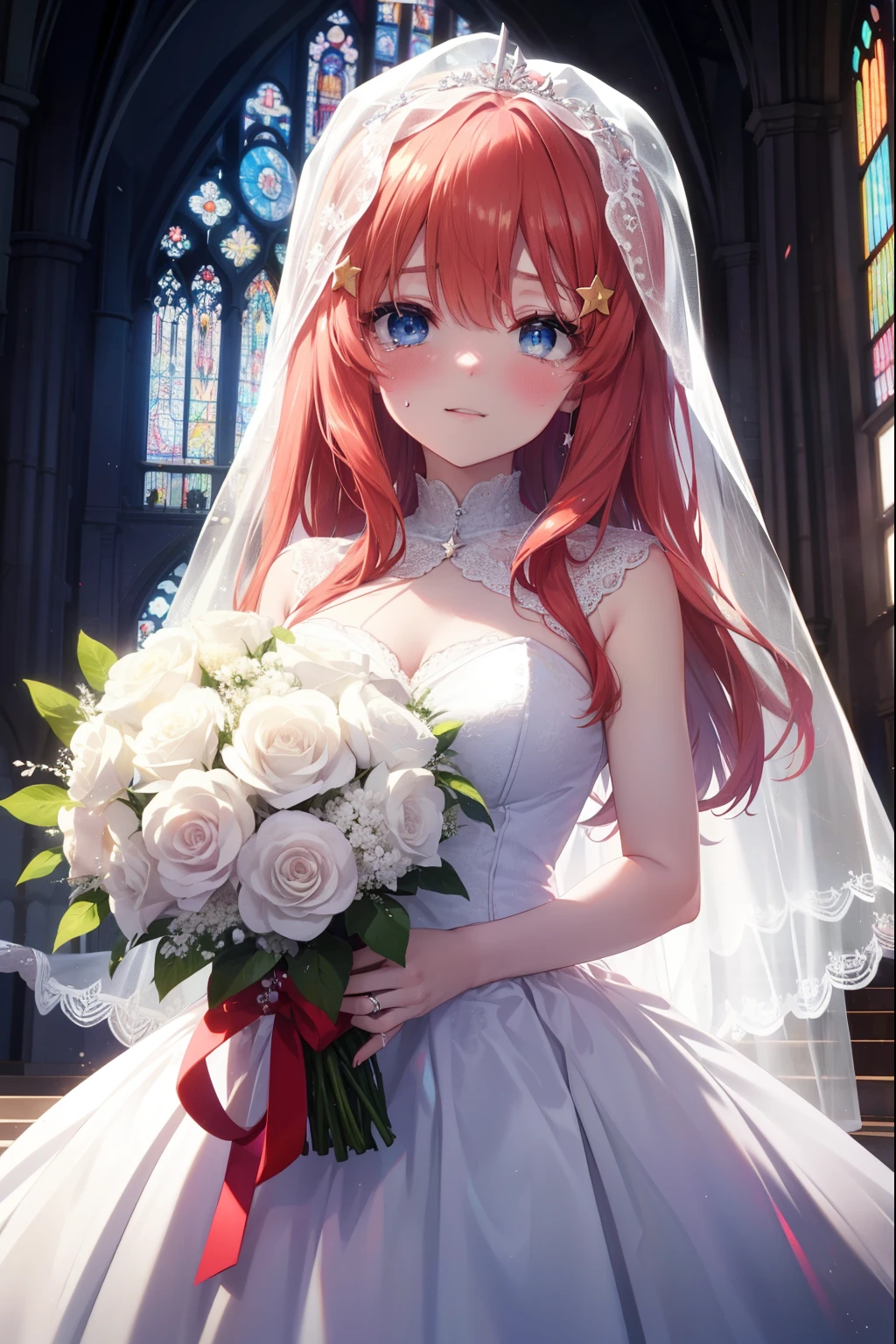 itsukinakano, Itsuki Nakano, bangs, blue eyes, hair between eyes, redhead, star \(symbol\), hair ornaments, star hair ornaments,long hair,blush,smile, I squint my eyes and cry,tears run down her face,Crying with joy,Wedding dress,veil wedding skirt,bouquet,bouquetトス,holding a large bouquet of flowers in both hands,
break indoors, church,chapel,
break (masterpiece:1.2), highest quality, High resolution, unity 8k wallpaper, (figure:0.8), (detailed and beautiful eyes:1.6), highly detailed face, perfect lighting, Very detailed CG, (perfect hands, perfect anatomy),