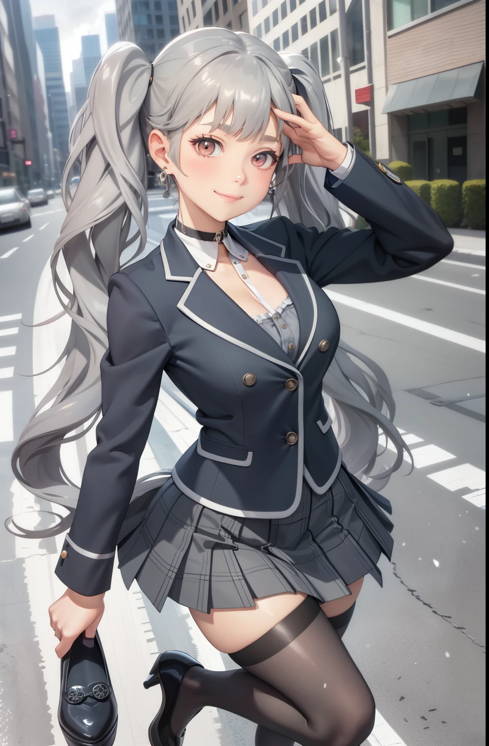 Alone,girl,gray hair,big breasts,smile,blazer,checked skirt,tights,high heels,twin tails,open your legs,thin legs,earrings,choker,looking at the viewer