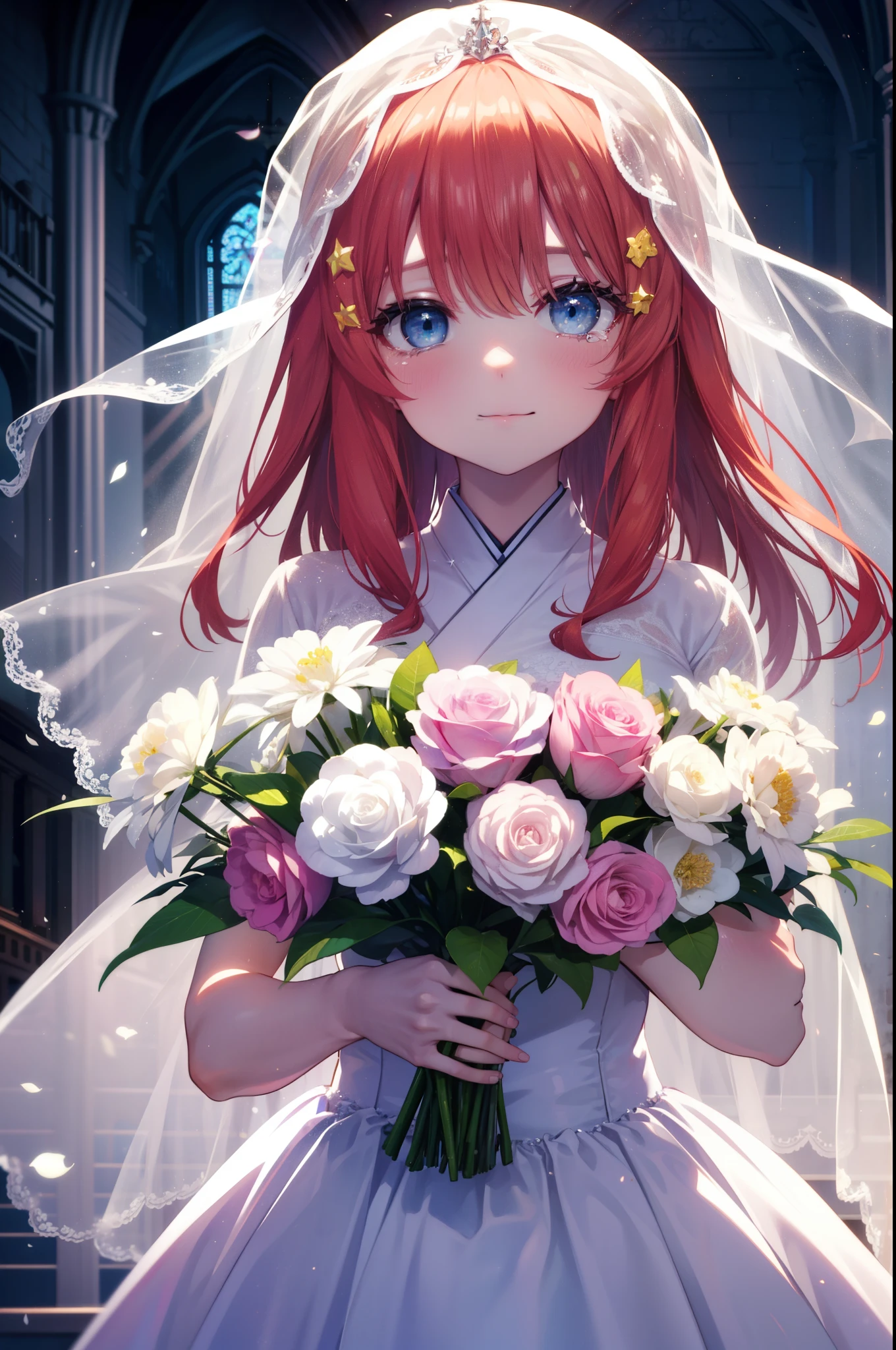 itsukinakano, Itsuki Nakano, bangs, blue eyes, hair between eyes, redhead, star \(symbol\), hair ornaments, star hair ornaments,long hair,blush,smile, I squint my eyes and cry,tears run down her face,Crying with joy,Wedding dress,veil wedding skirt,bouquet,bouquetトス,holding a large bouquet of flowers in both hands,
break indoors, church,chapel,
break (masterpiece:1.2), highest quality, High resolution, unity 8k wallpaper, (figure:0.8), (detailed and beautiful eyes:1.6), highly detailed face, perfect lighting, Very detailed CG, (perfect hands, perfect anatomy),