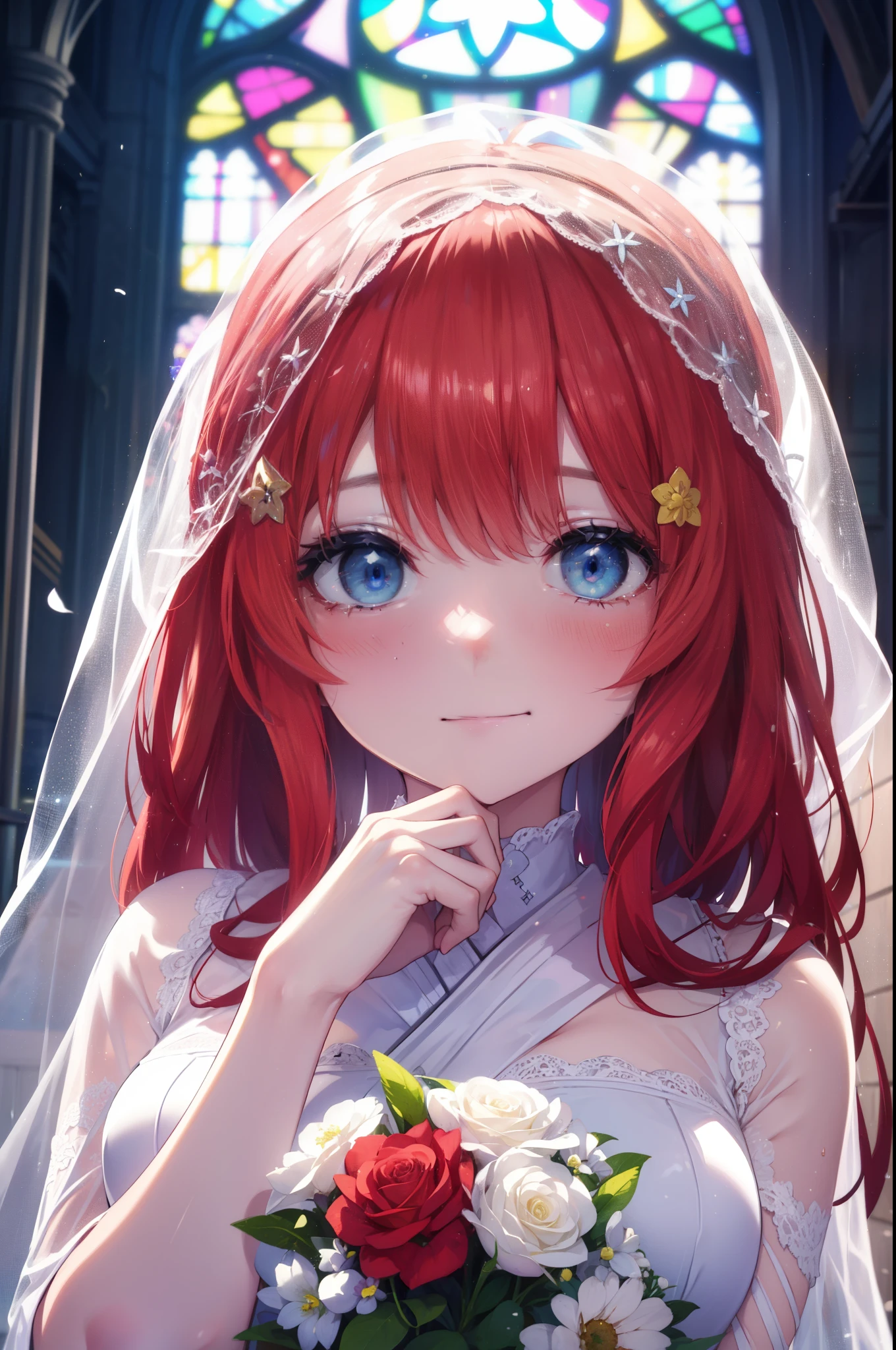 itsukinakano, Itsuki Nakano, bangs, blue eyes, hair between eyes, redhead, star \(symbol\), hair ornaments, star hair ornaments,long hair,blush,smile, I squint my eyes and cry,tears run down her face,Crying with joy,Wedding dress,veil wedding skirt,bouquet,bouquetトス,holding a large bouquet of flowers in both hands,
break indoors, church,chapel,
break (masterpiece:1.2), highest quality, High resolution, unity 8k wallpaper, (figure:0.8), (detailed and beautiful eyes:1.6), highly detailed face, perfect lighting, Very detailed CG, (perfect hands, perfect anatomy),