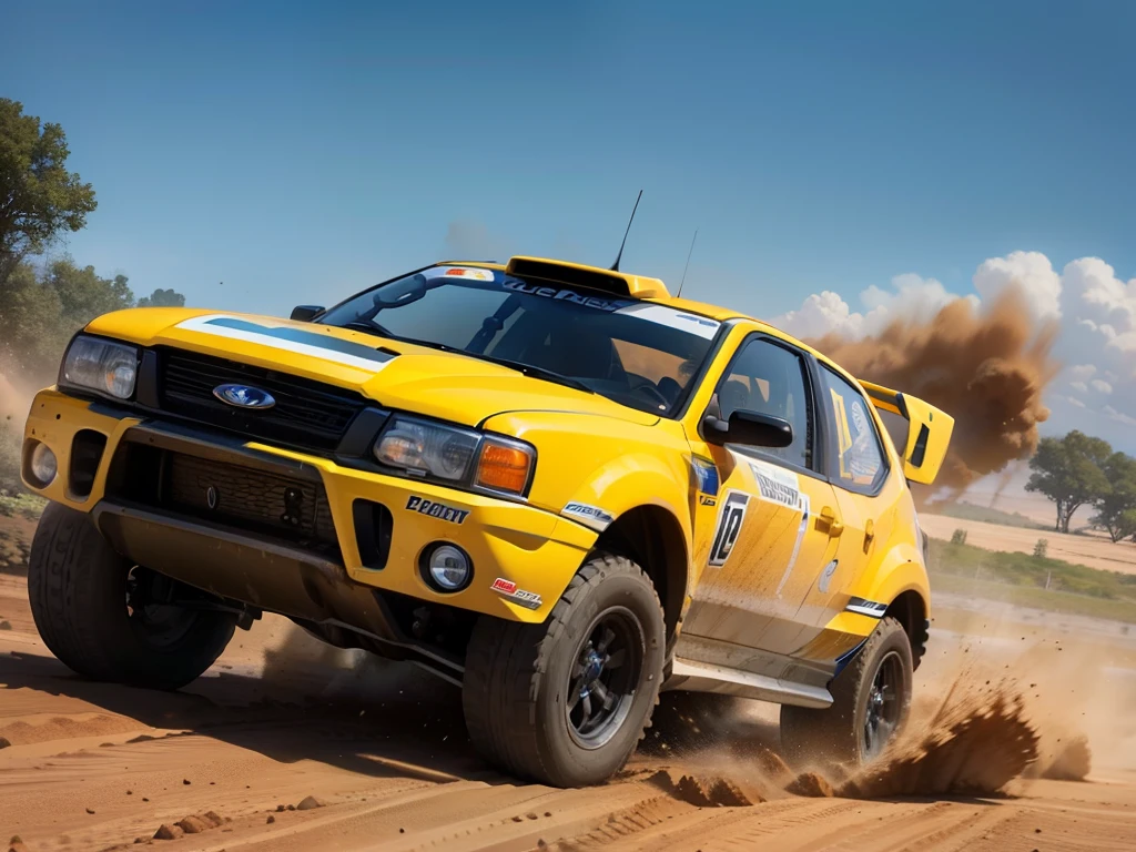 "Ford Rally configuration, intense action, full of adrenaline, Mud splashes, High-speed stimulation, Rally cars fly in the dirt, Powerful engine roar, Precise operation, dynamic angle, dust cloud, sharp, A race against time."Detailed picture,It makes sense