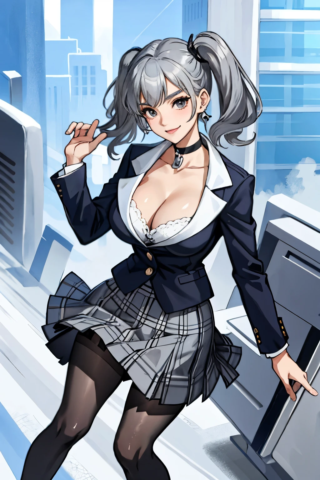 Alone,girl,gray hair,big breasts,smile,bra,checked skirt,tights,high heels,twin tails,open your legs,thin legs,earrings,choker,looking at the viewer