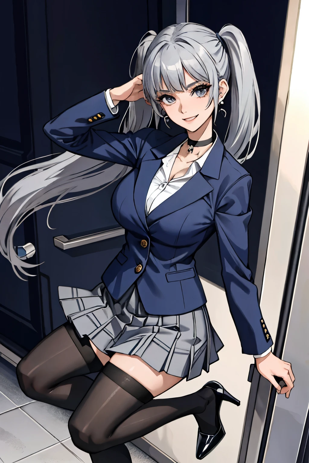 Alone,girl,gray hair,big breasts,smile,blazer,checked skirt,tights,high heels,twin tails,open your legs,thin legs,earrings,choker,looking at the viewer