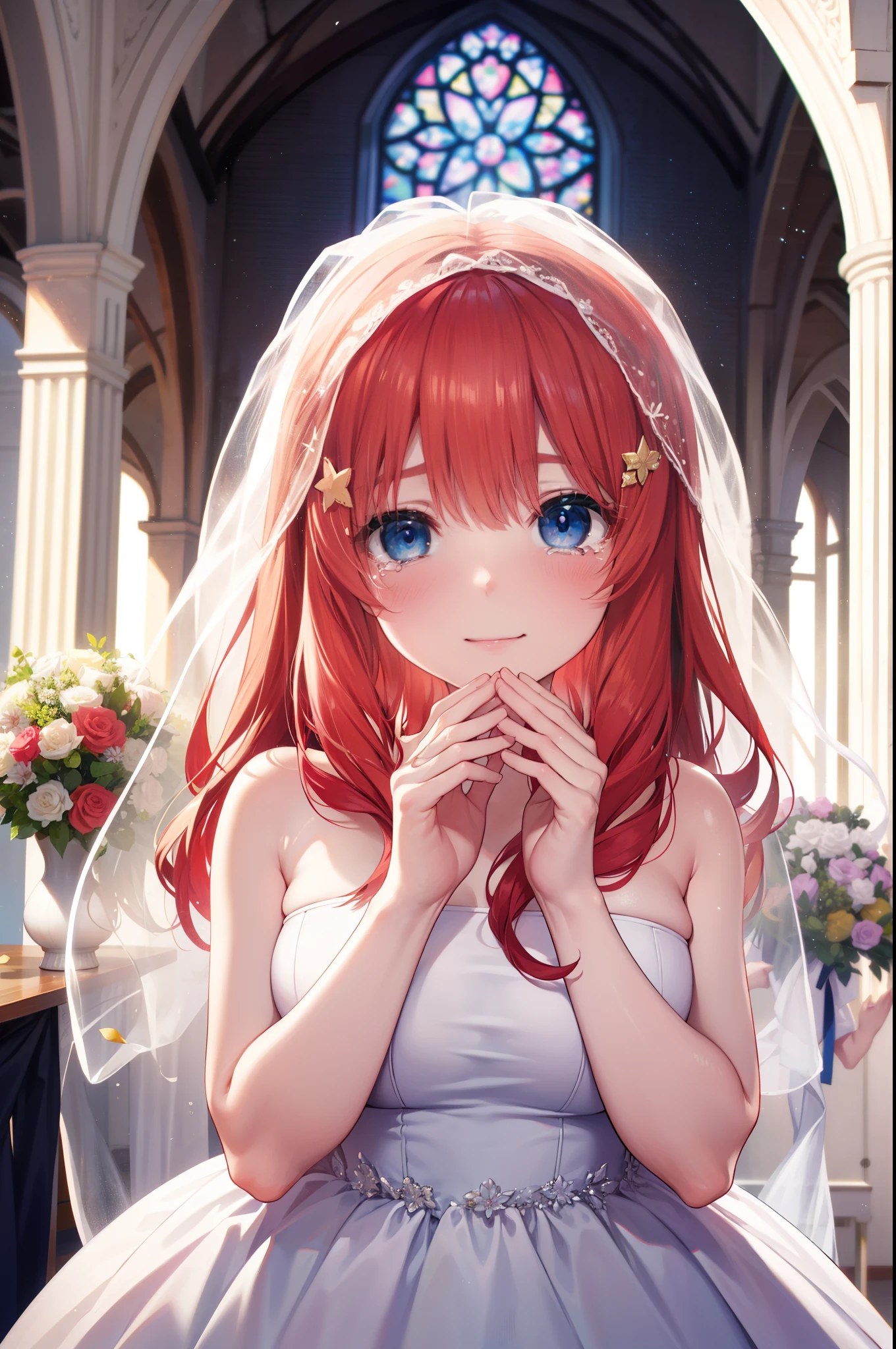 itsukinakano, Itsuki Nakano, bangs, blue eyes, hair between eyes, redhead, star \(symbol\), hair ornaments, star hair ornaments,long hair,blush,smile, I squint my eyes and cry,tears run down her face,Crying with joy,Wedding dress,veil wedding skirt,bouquet,bouquetトス,holding a large bouquet of flowers in both hands,
break indoors, church,chapel,
break (masterpiece:1.2), highest quality, High resolution, unity 8k wallpaper, (figure:0.8), (detailed and beautiful eyes:1.6), highly detailed face, perfect lighting, Very detailed CG, (perfect hands, perfect anatomy),