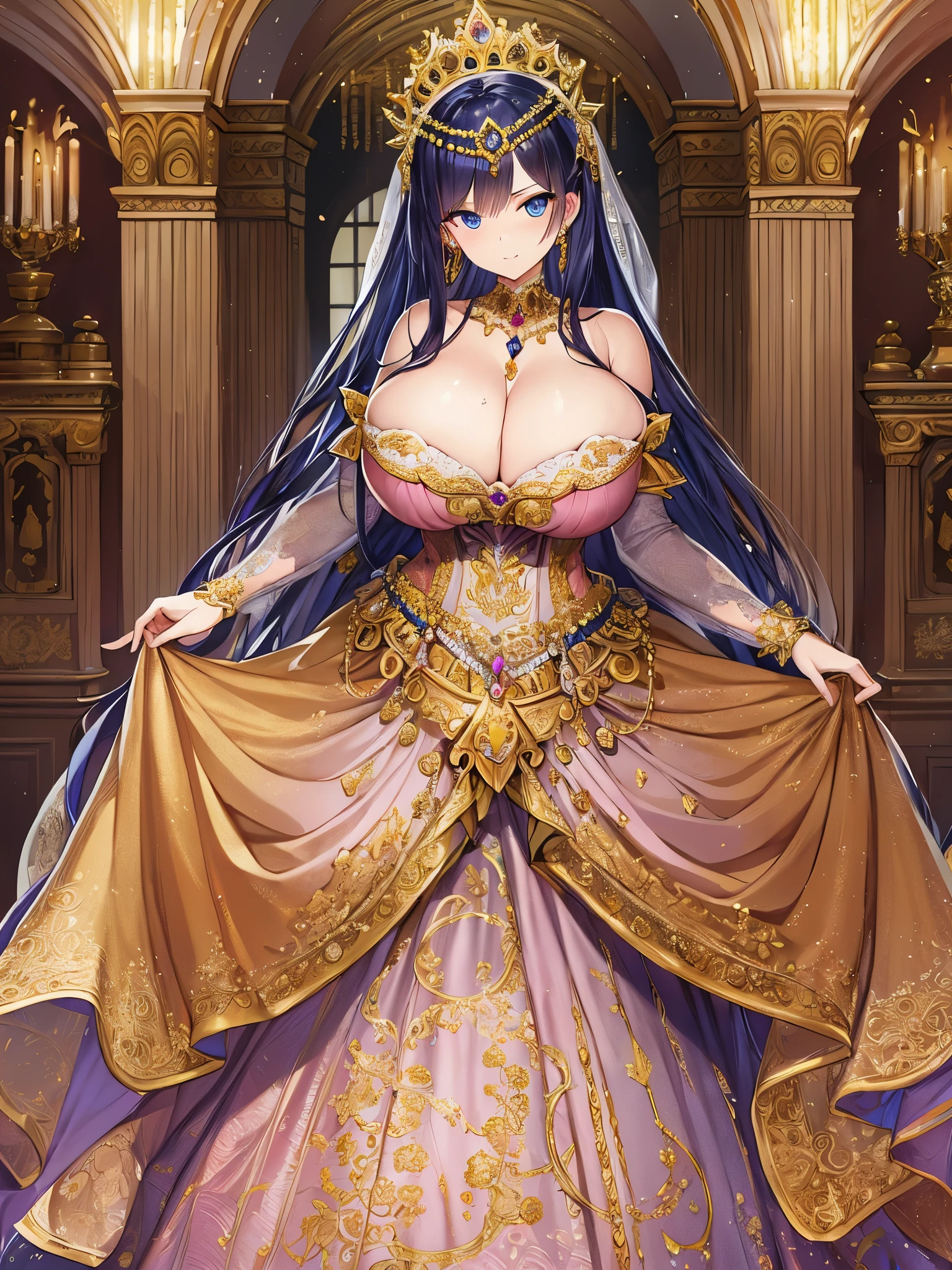 anime artstyle,Masterpiece,Best Quality,Super Detail,((Very Delicate and Beautiful)),(((full body))),((indoor,standing in luxurious palace)),(((1 princess in beautiful embroidery and jeweled gorgeous rococo ballgown with voluminous hoop skirt))),(((gorgeous rococo Ballgown with a hoop skirt that drags the hem))),((Solo)),((((very gigantic tits)))),((cleavage,gigantic tits,cleavage,sagging tits)),skindentation,((detailed face and eyes)),jewel-like eyes,((extremely voluminous straight Hair,Extremely Long Straight Hair)),((gorgeousfull embroidery and lace,beautiful embroidery and jeweled)),Gorgeous Gemstone Jewelry,gorgeous corsage,((gorgeous hair ornament,glitter jeweled gorgeous big tiara)),((full body)),((beautiful embroidery and jeweled gorgeous rococo ballgown with voluminous hoop skirt)),(crinoline),Looking at viewer,dynamic angle,(((beautiful embroidery and jeweled gorgeous rococo ballgown with voluminous hoop skirt))),(full body)